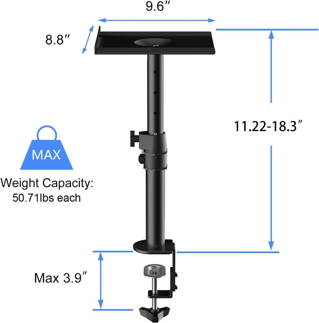 suptek Small Clamp-on Speaker Stand Desk Mount Set, Tilt, Swivel, 7.8 x 6.5 inch Trays, Universal Audio Holders for Computer and Bookshelf Speakers, Elevated Sound, 2 Pack, Black, SDM001SFX
