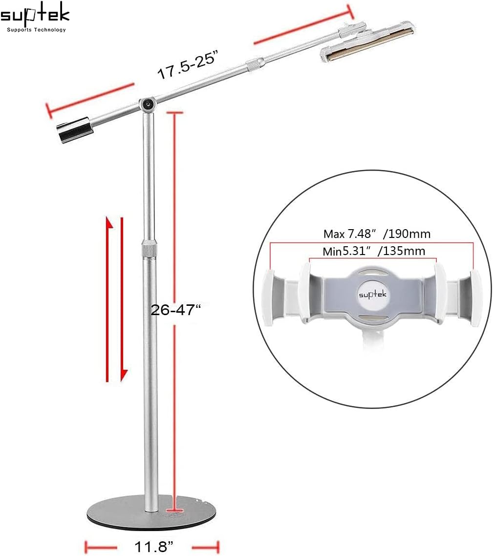 suptek Aluminum Tablet Floor Stand 360° Flexible Height Adjustable Cell Phone Holder Mount for iPad, iPhone, Samsung, Asus and More 4.7-11 inch Devices, Good for Bed, Kitchen, Office