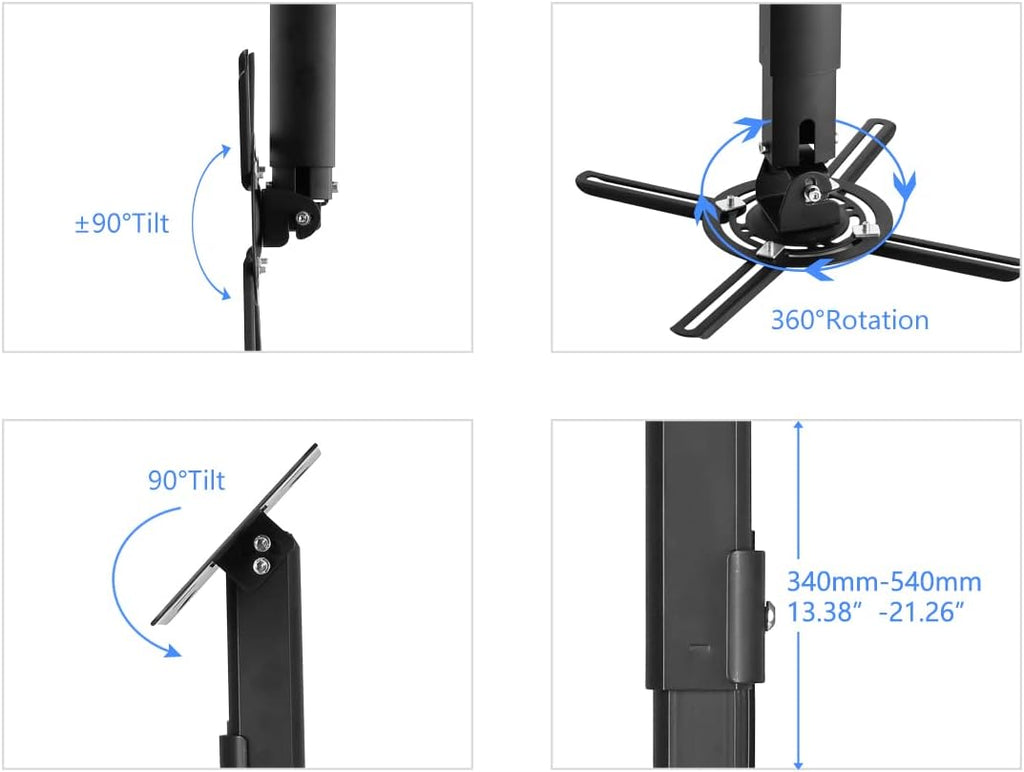 suptek Projector Ceiling Mount Bracket Fits Flat or Sloped Ceiling Height Adjustable with Extendable Length 30.7-49.21inch,for LCD/DLP Projectors,Black (PR05LB)