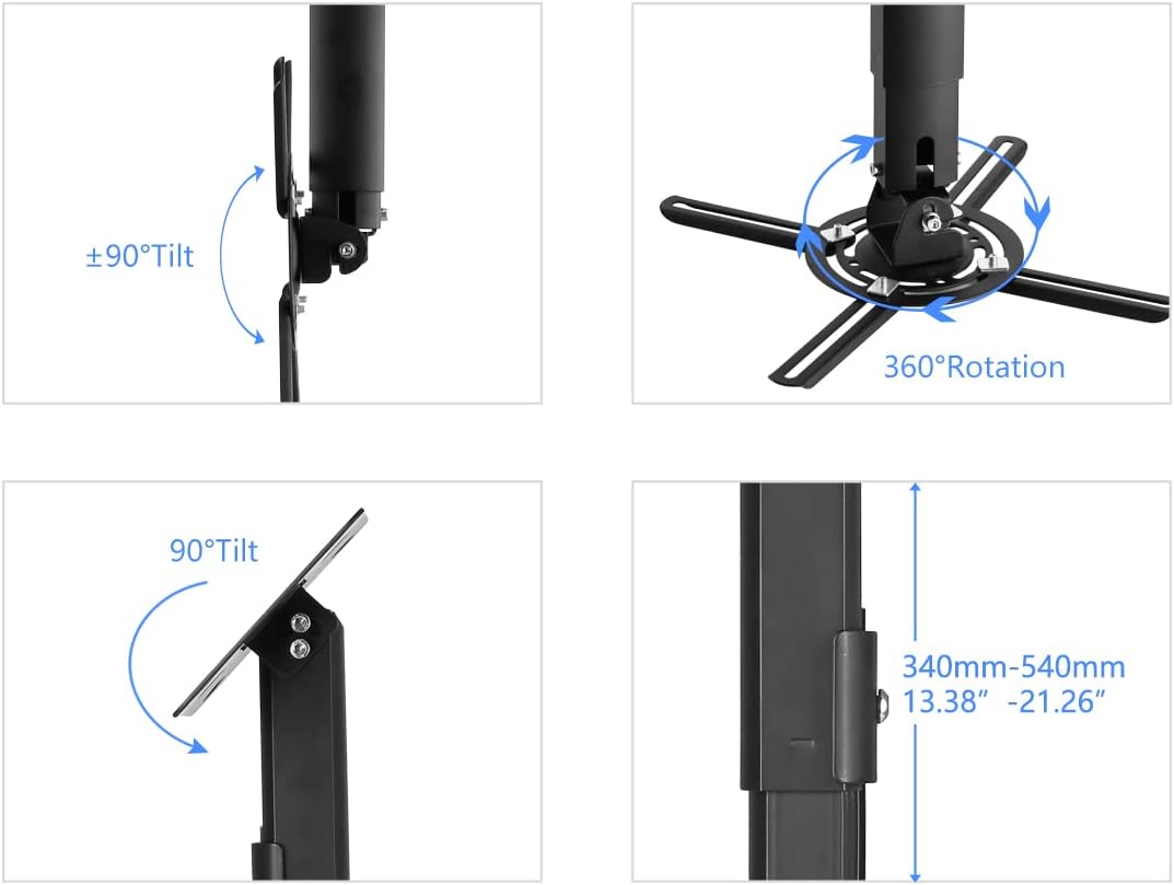 suptek Projector Ceiling Mount Bracket Fits Flat or Sloped Ceiling Height Adjustable with Extendable Length 30.7-49.21inch,for LCD/DLP Projectors,Black (PR05LB)