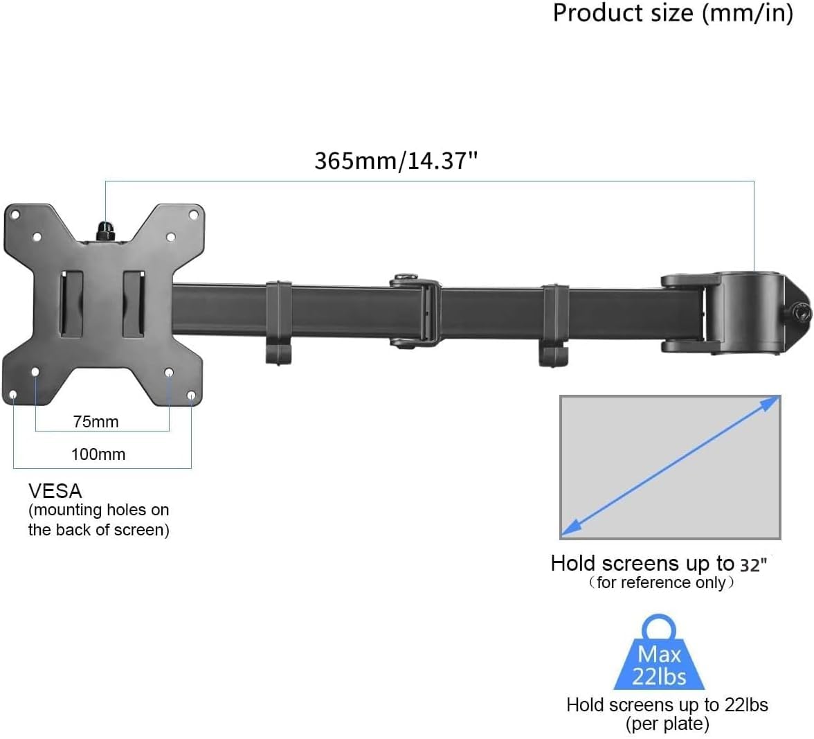 suptek Single Monitor Arm for Desk Mount Stand,Adjustable Monitor Arm for 17 to 32 inch Screen, Support Weight up to 22lbs, Mounting Holes 75x75mm to 100x100mm,Pneumatic Pole Mount Arm Black