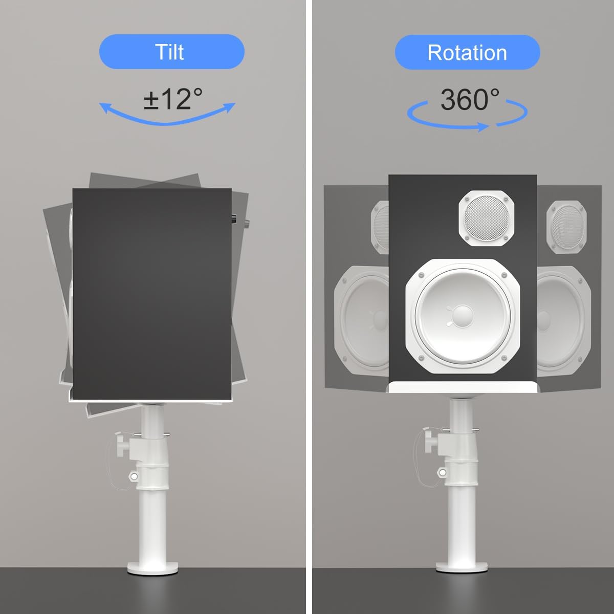 suptek Small Clamp-on Speaker Stand Desk Mount Set, Tilt, Swivel, 7.8 x 6.5 inch Trays, Universal Audio Holders for Computer and Bookshelf Speakers, Elevated Sound, 2 Pack, Black, SDM001SFX