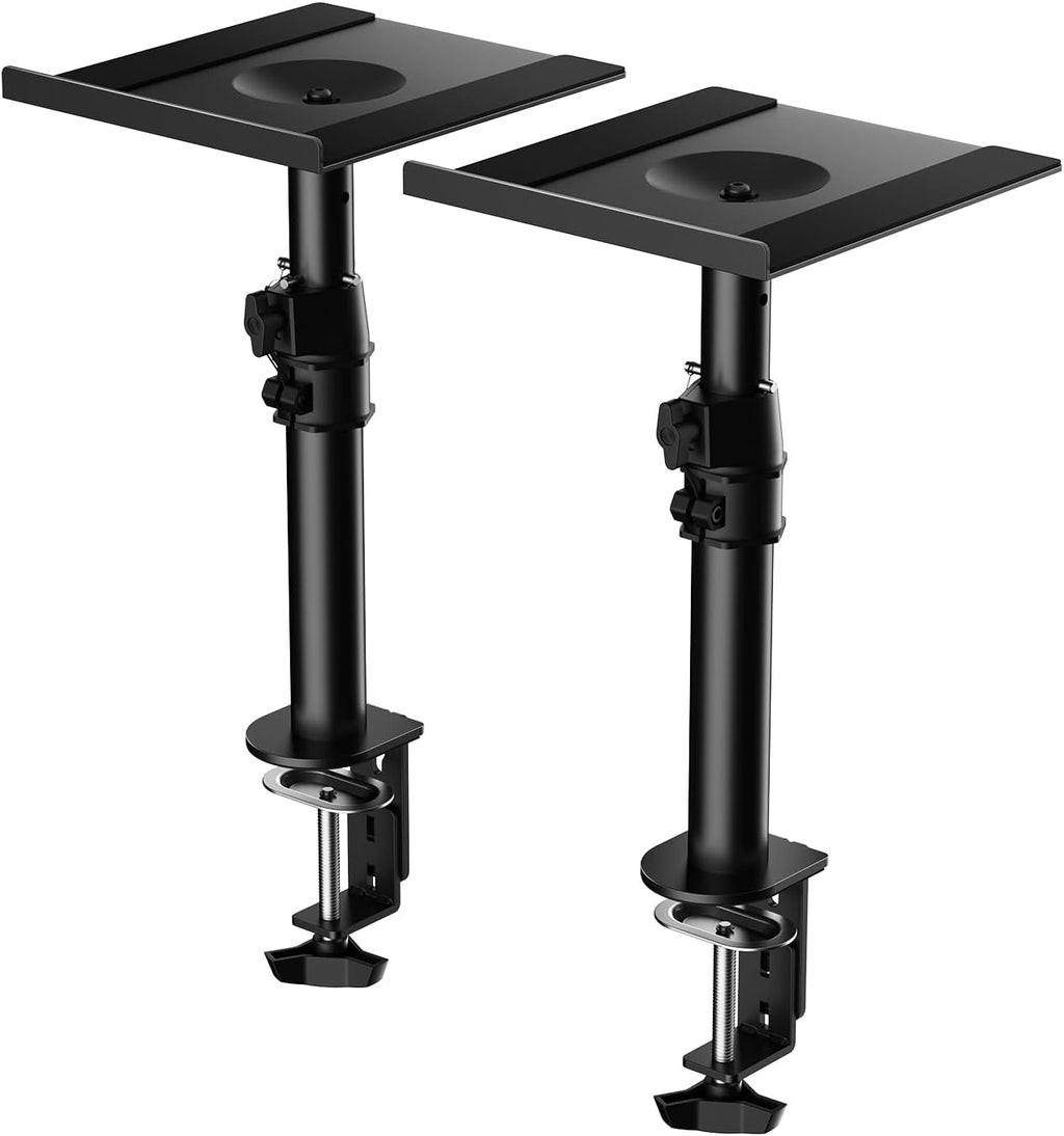 suptek Small Clamp-on Speaker Stand Desk Mount Set, Tilt, Swivel, 7.8 x 6.5 inch Trays, Universal Audio Holders for Computer and Bookshelf Speakers, Elevated Sound, 2 Pack, Black, SDM001SFX