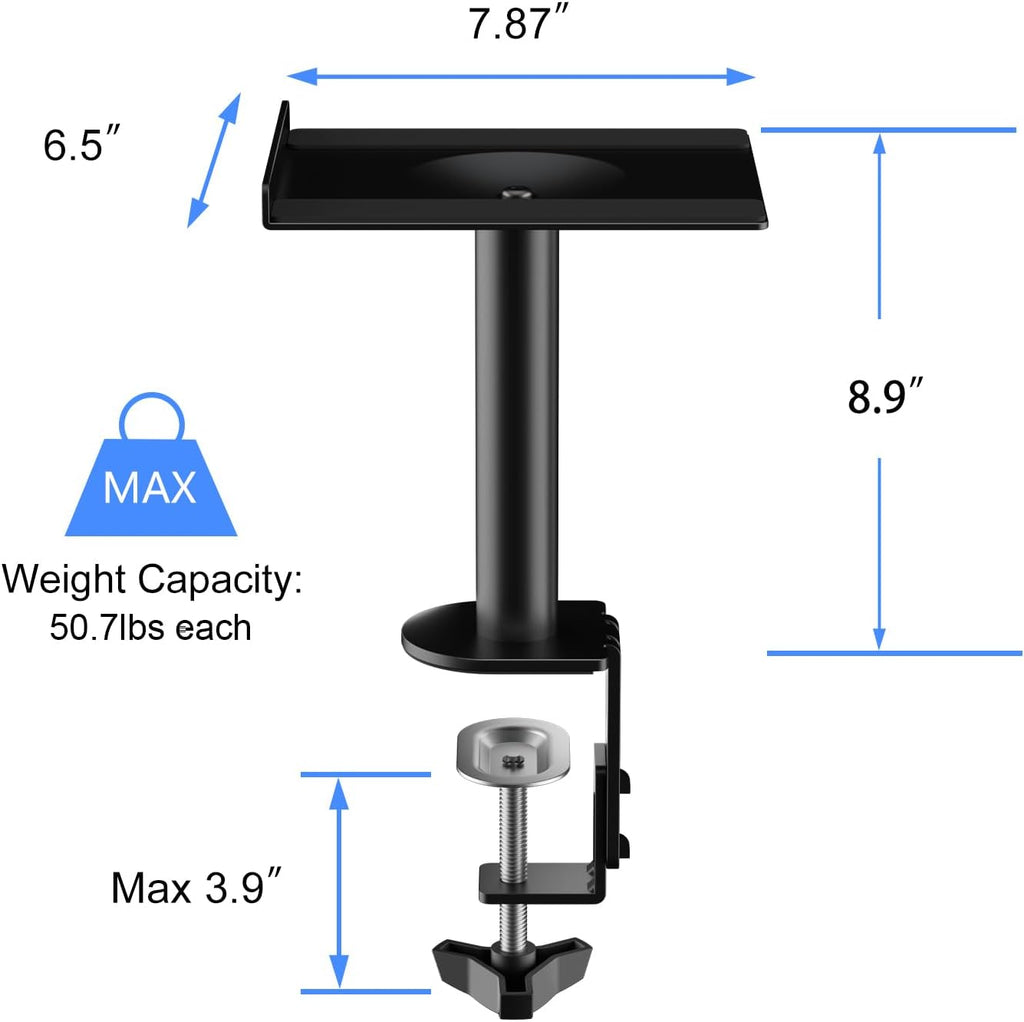 suptek Small Clamp-on Speaker Stand Desk Mount Set, Tilt, Swivel, 7.8 x 6.5 inch Trays, Universal Audio Holders for Computer and Bookshelf Speakers, Elevated Sound, 2 Pack, Black, SDM001SFX