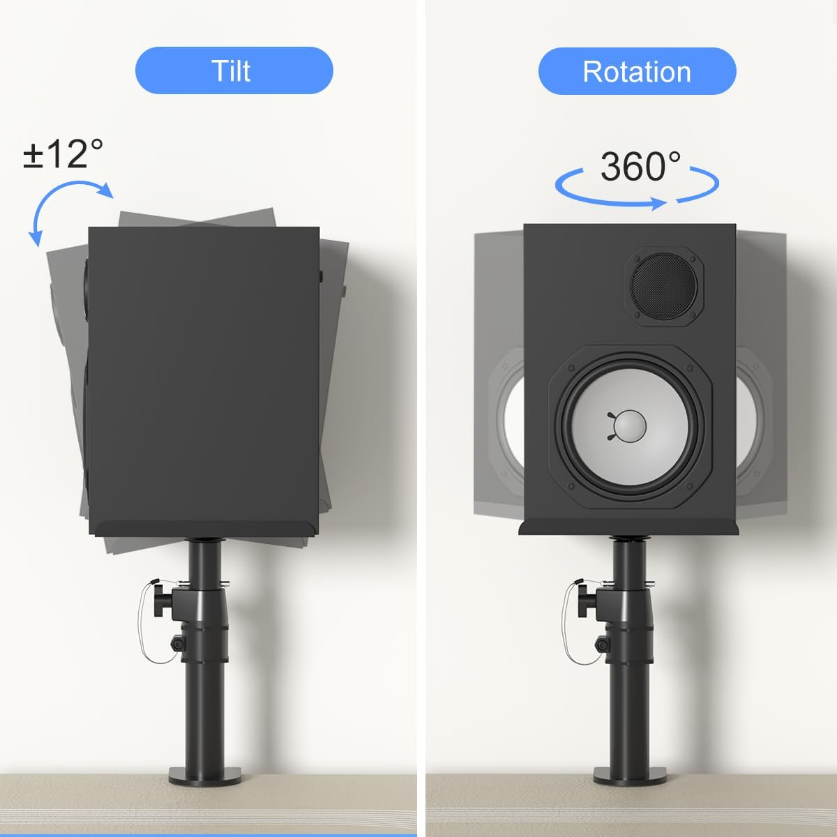 suptek Small Clamp-on Speaker Stand Desk Mount Set, Tilt, Swivel, 7.8 x 6.5 inch Trays, Universal Audio Holders for Computer and Bookshelf Speakers, Elevated Sound, 2 Pack, Black, SDM001SFX