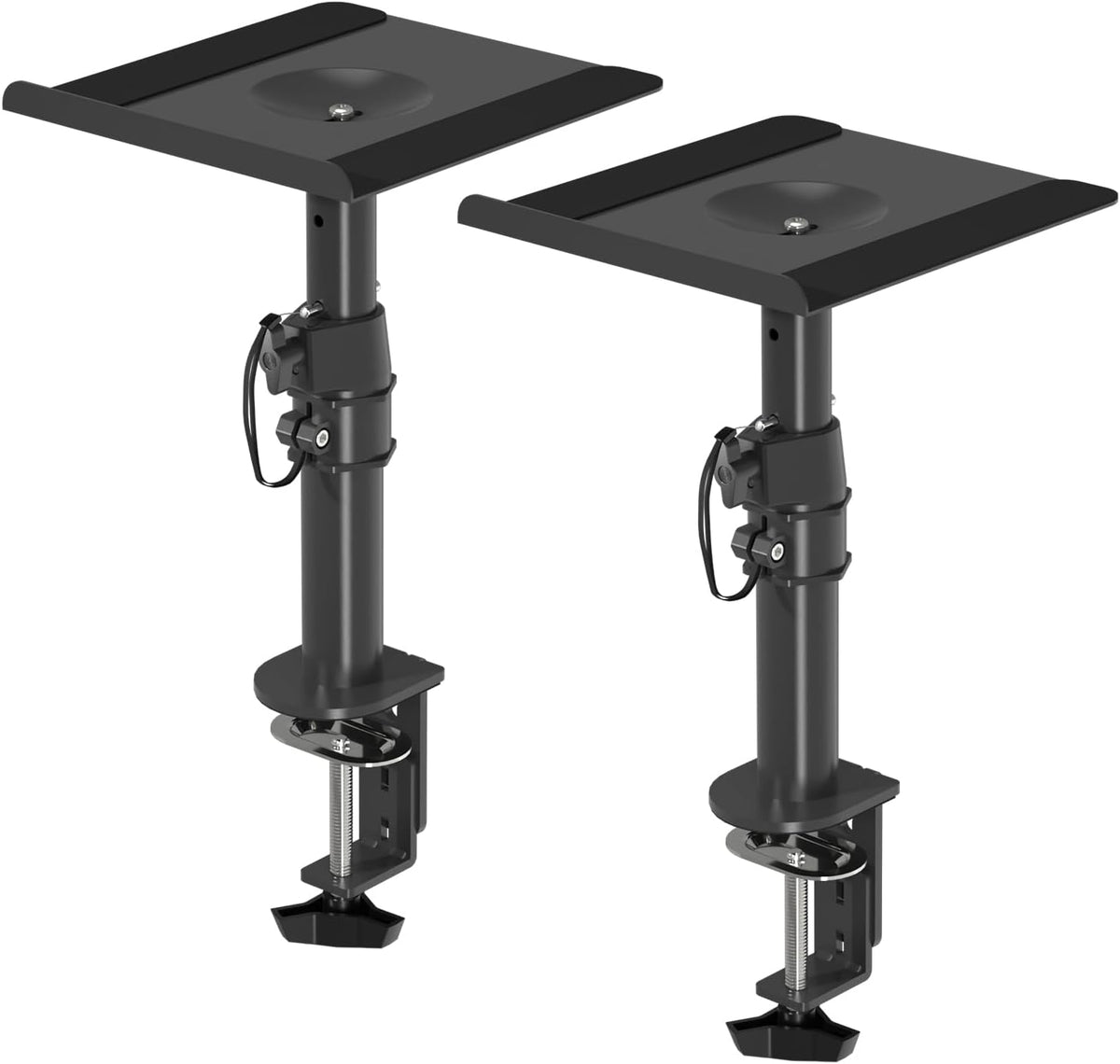 suptek Small Clamp-on Speaker Stand Desk Mount Set, Tilt, Swivel, 7.8 x 6.5 inch Trays, Universal Audio Holders for Computer and Bookshelf Speakers, Elevated Sound, 2 Pack, Black, SDM001SFX