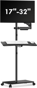 suptek Mobile Desk Workstation with Monitor Mount for up to 32" Screen, Rolling Computer Cart on Wheels,Full Keyboard Tray, CPU Holder
