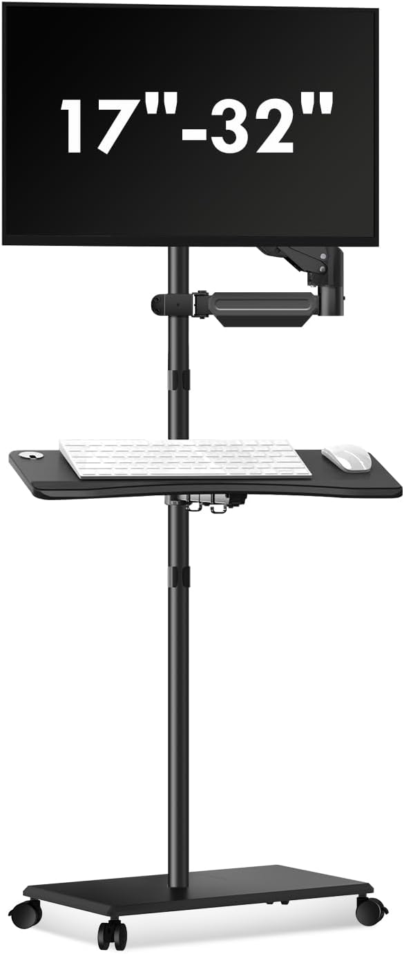 suptek Mobile Desk Workstation with Monitor Mount for up to 32" Screen, Rolling Computer Cart on Wheels,Full Keyboard Tray, CPU Holder