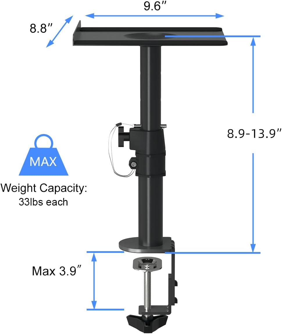 suptek Small Clamp-on Speaker Stand Desk Mount Set, Tilt, Swivel, 7.8 x 6.5 inch Trays, Universal Audio Holders for Computer and Bookshelf Speakers, Elevated Sound, 2 Pack, Black, SDM001SFX