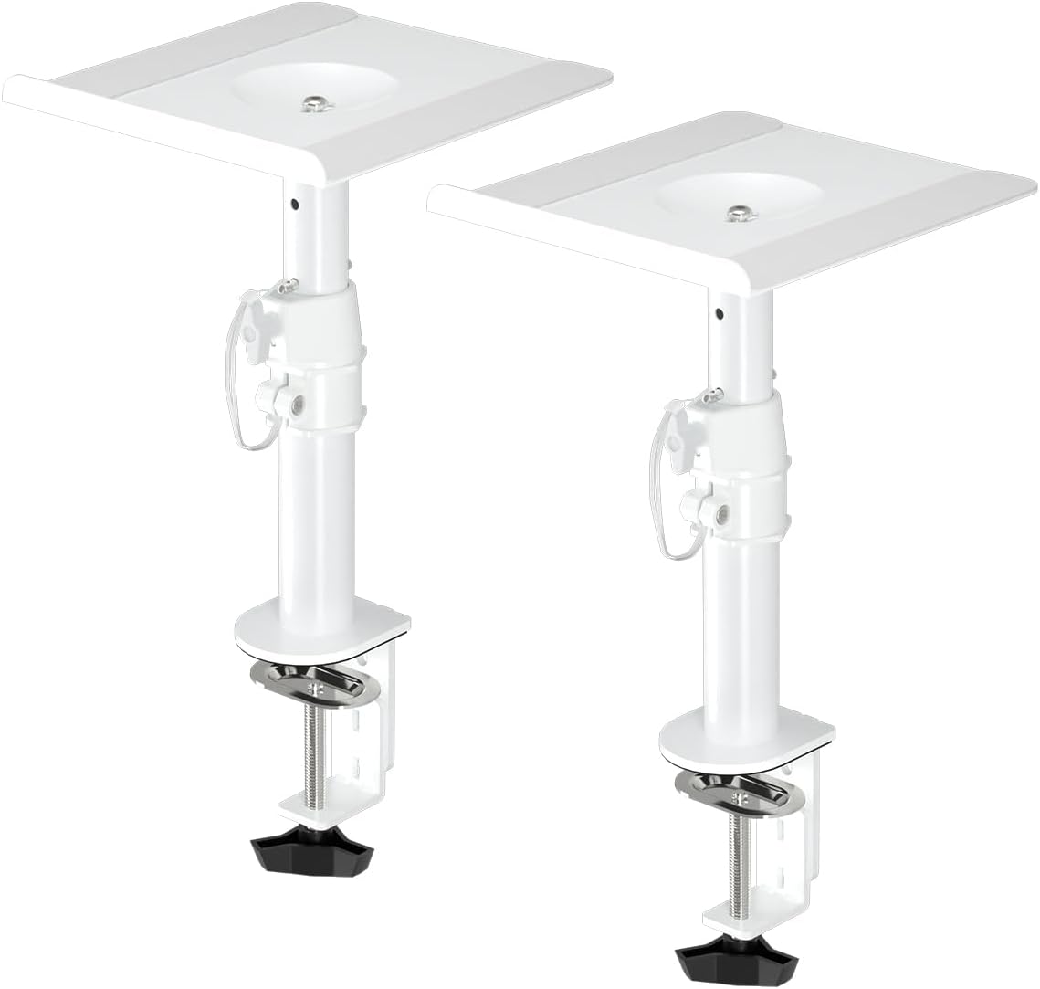 suptek Small Clamp-on Speaker Stand Desk Mount Set, Tilt, Swivel, 7.8 x 6.5 inch Trays, Universal Audio Holders for Computer and Bookshelf Speakers, Elevated Sound, 2 Pack, Black, SDM001SFX
