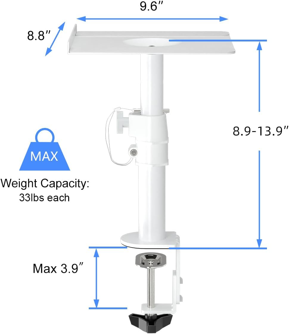 suptek Small Clamp-on Speaker Stand Desk Mount Set, Tilt, Swivel, 7.8 x 6.5 inch Trays, Universal Audio Holders for Computer and Bookshelf Speakers, Elevated Sound, 2 Pack, Black, SDM001SFX