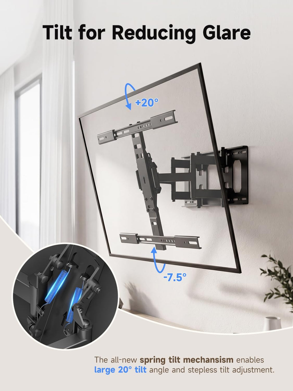 Suptek Ultra Slim TV Wall Mount Full Motion for 43-90” Large Screen | 1.38in slim mount, ±45° swivel, spring anti-glare tilt, 11.8in extend, VESA 600x400, holds 132lbs media room