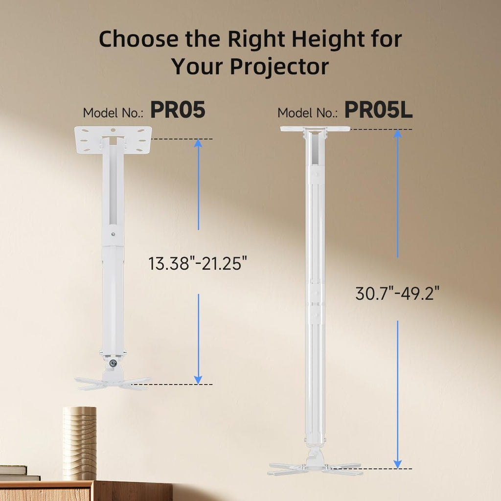 suptek Projector Ceiling Mount Bracket Fits Flat or Sloped Ceiling Height Adjustable with Extendable Length 30.7-49.21inch,for LCD/DLP Projectors,Black (PR05LB)