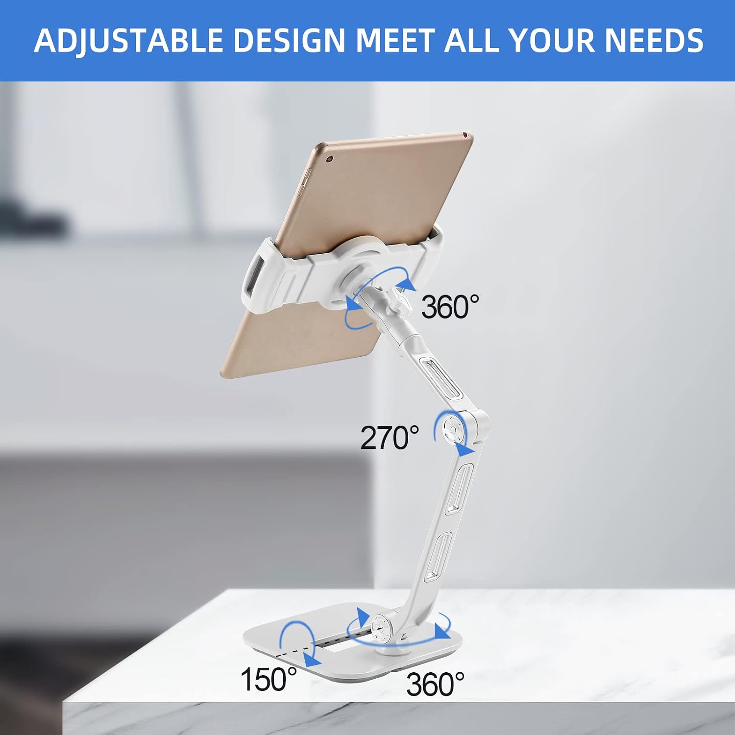 Aluminum phone/Tablet Stand,Adjustable&Foldable Tablet Holder- Desktop Stand Compatible with iPad,Air mini 2 3 4,Samsung and More 4.7-11 inch Tablets.Applicable for Home,Office.YFD208W White