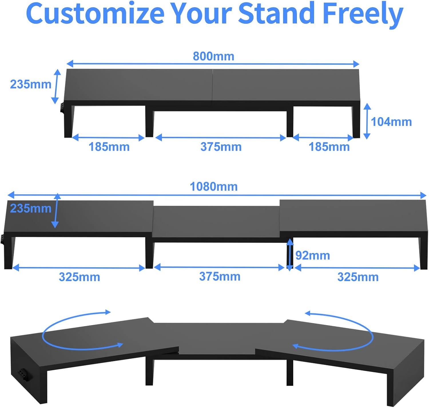 Pholiten Monitor Stand Riser with Adjustable Length and Swivel Angles | Extra Long Multifunctional Stand up to 48.2" Fit Computer Laptop Printer Max 44 lbs