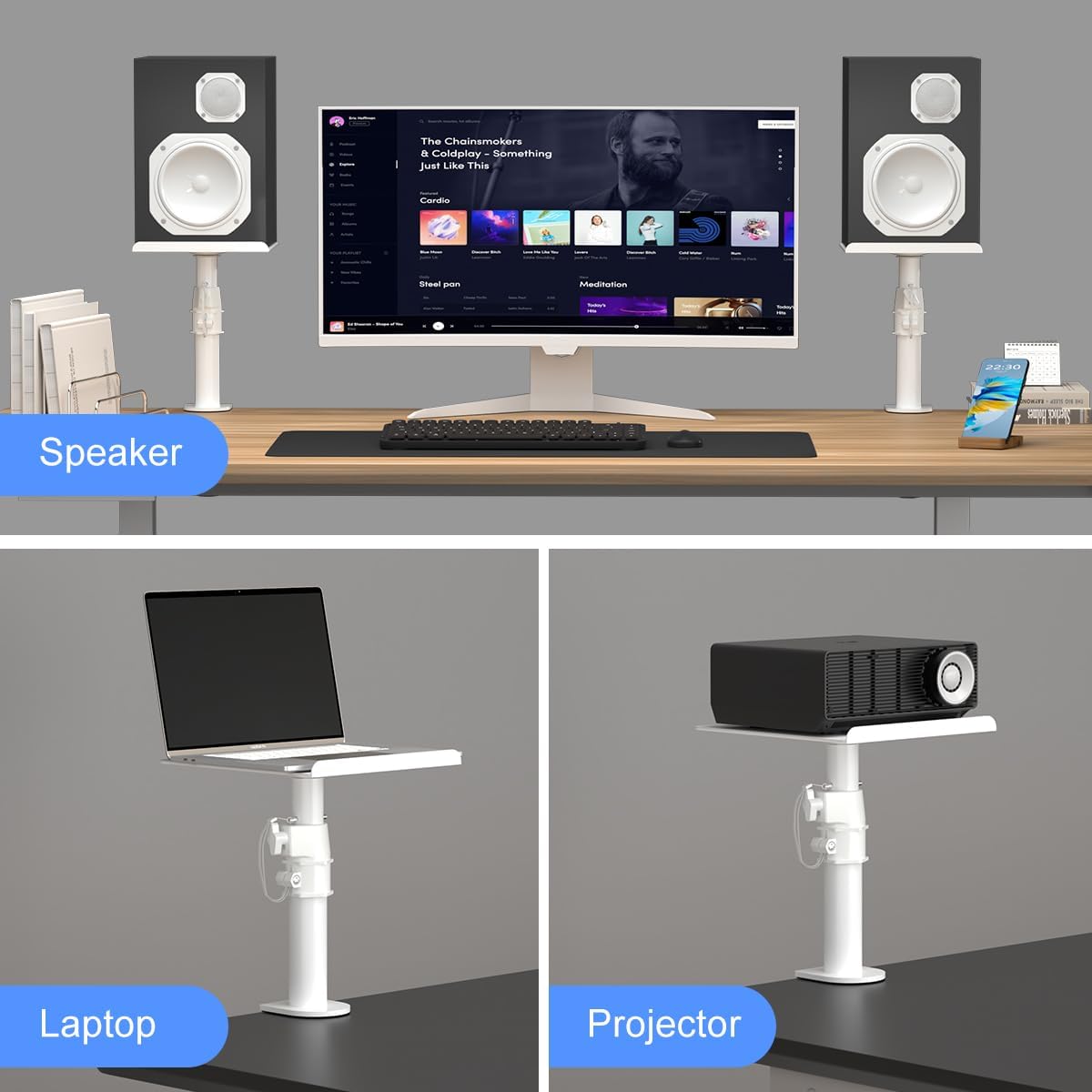 suptek Small Clamp-on Speaker Stand Desk Mount Set, Tilt, Swivel, 7.8 x 6.5 inch Trays, Universal Audio Holders for Computer and Bookshelf Speakers, Elevated Sound, 2 Pack, Black, SDM001SFX