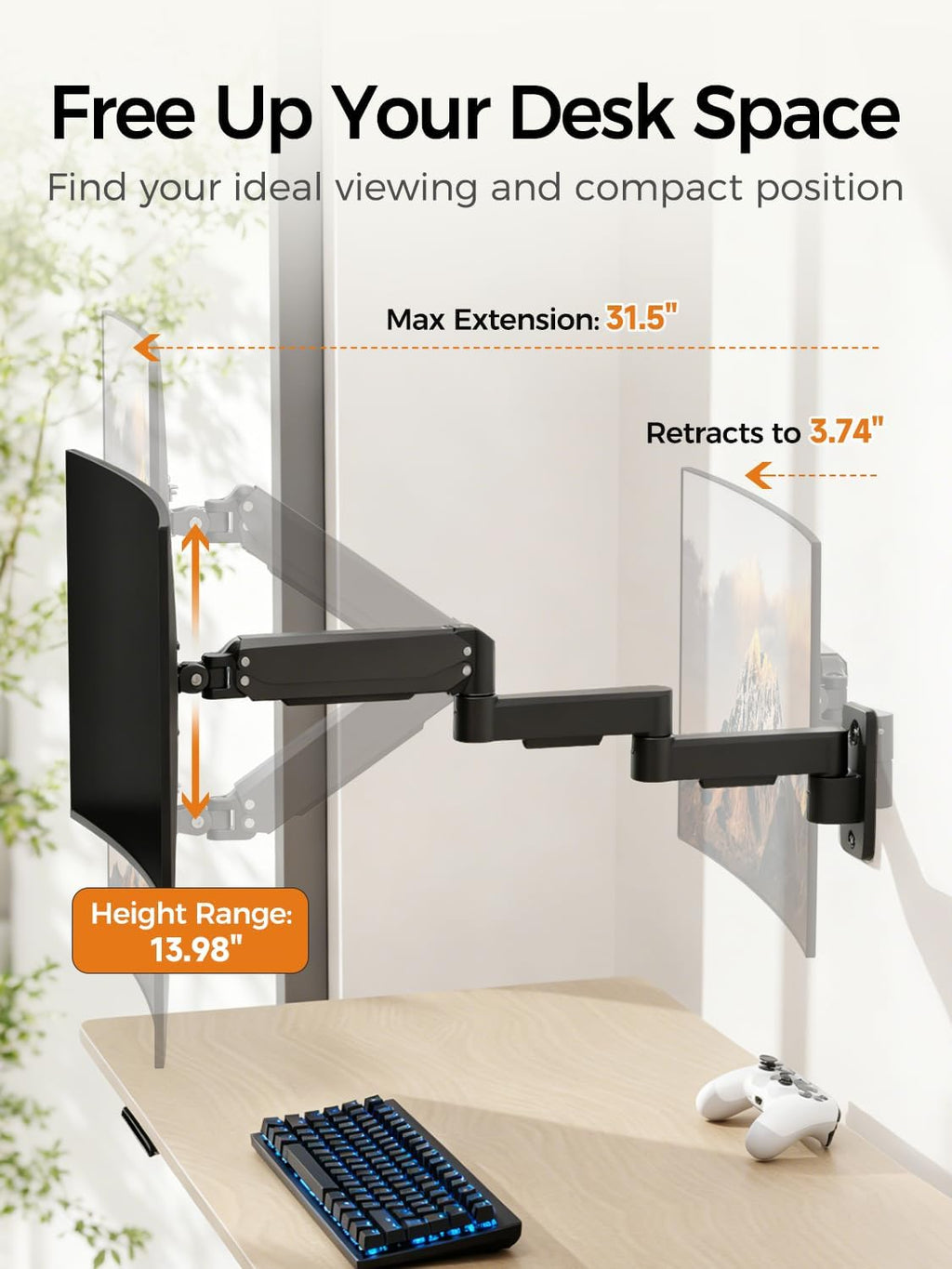 suptek Single Long Arm Monitor Wall Mount for 17 to 32 Inch Screens, Gas Spring Monitor Arm Wall Mount Holds Up to 11KG/24lbs, Full Motion Adjustable,VESA Mount 75x75/100x100mm(WMX3)