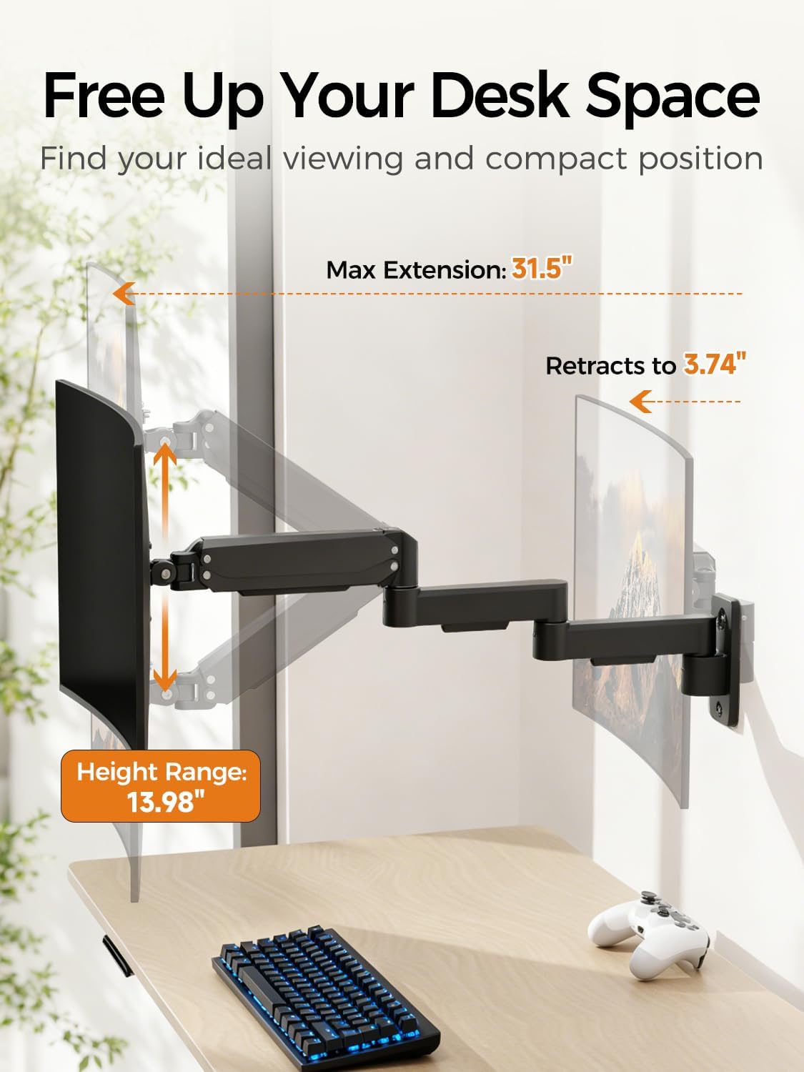 suptek Single Long Arm Monitor Wall Mount for 17 to 32 Inch Screens, Gas Spring Monitor Arm Wall Mount Holds Up to 11KG/24lbs, Full Motion Adjustable,VESA Mount 75x75/100x100mm(WMX3)