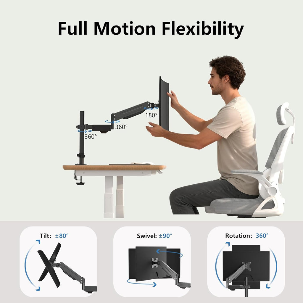 suptek Single Monitor Arm for Desk Mount Stand,Adjustable Monitor Arm for 17 to 32 inch Screen, Support Weight up to 22lbs, Mounting Holes 75x75mm to 100x100mm,Pneumatic Pole Mount Arm Black