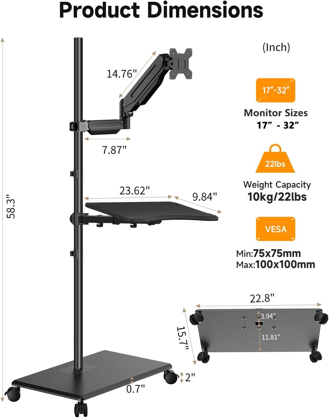 suptek Mobile Desk Workstation with Monitor Mount for up to 32" Screen, Rolling Computer Cart on Wheels,Full Keyboard Tray, CPU Holder