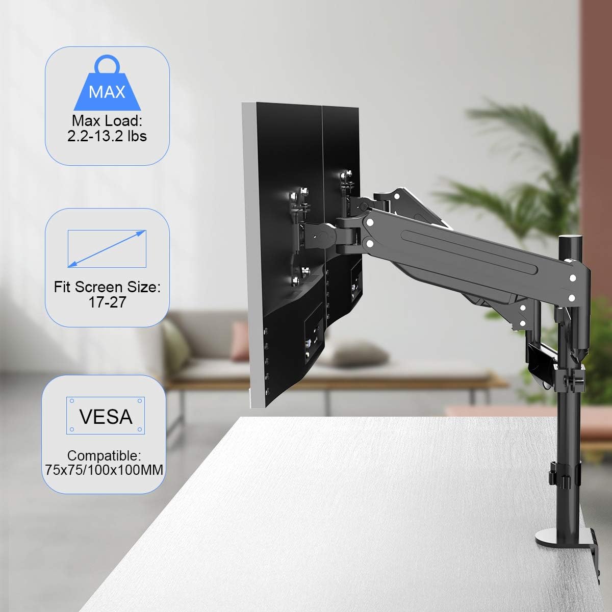 Suptek Dual Monitor Mount Stand-Height Adjustable Gas Spring Monitor Arm Desk Mount Vesa Bracket with C Clamp,Grommet Base for 2 Computer Screens 17 to 27 inches up to 13.2lbs(MD8422)