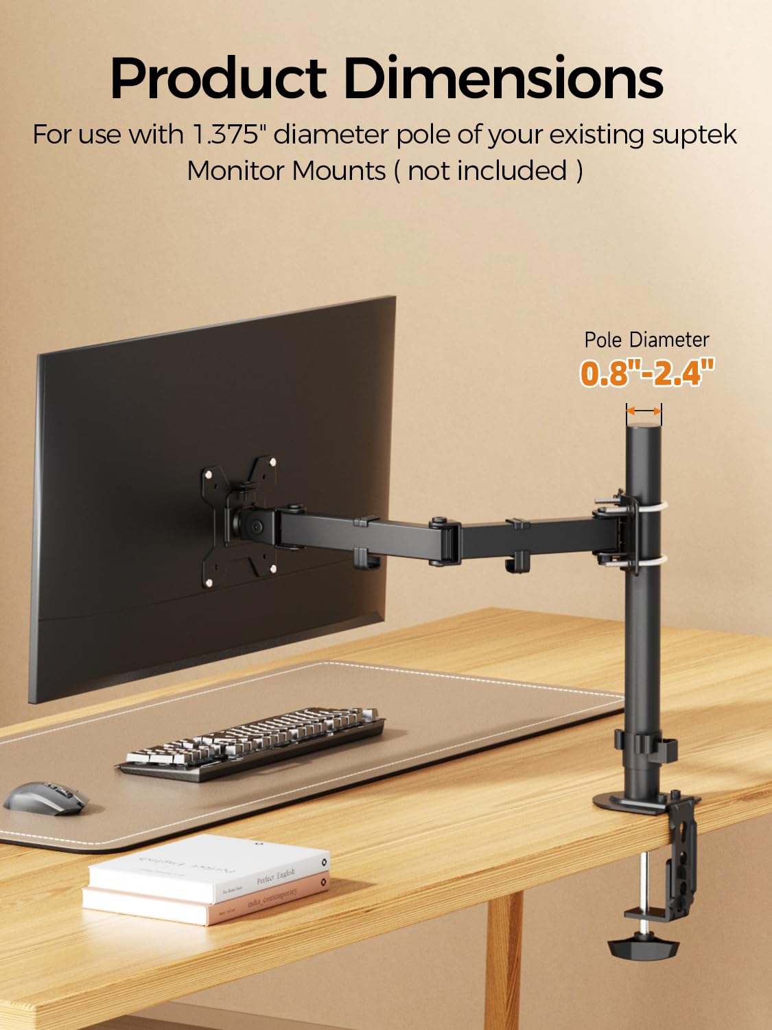 suptek Single Monitor Arm for Desk Mount Stand,Adjustable Monitor Arm for 17 to 32 inch Screen, Support Weight up to 22lbs, Mounting Holes 75x75mm to 100x100mm,Pneumatic Pole Mount Arm Black