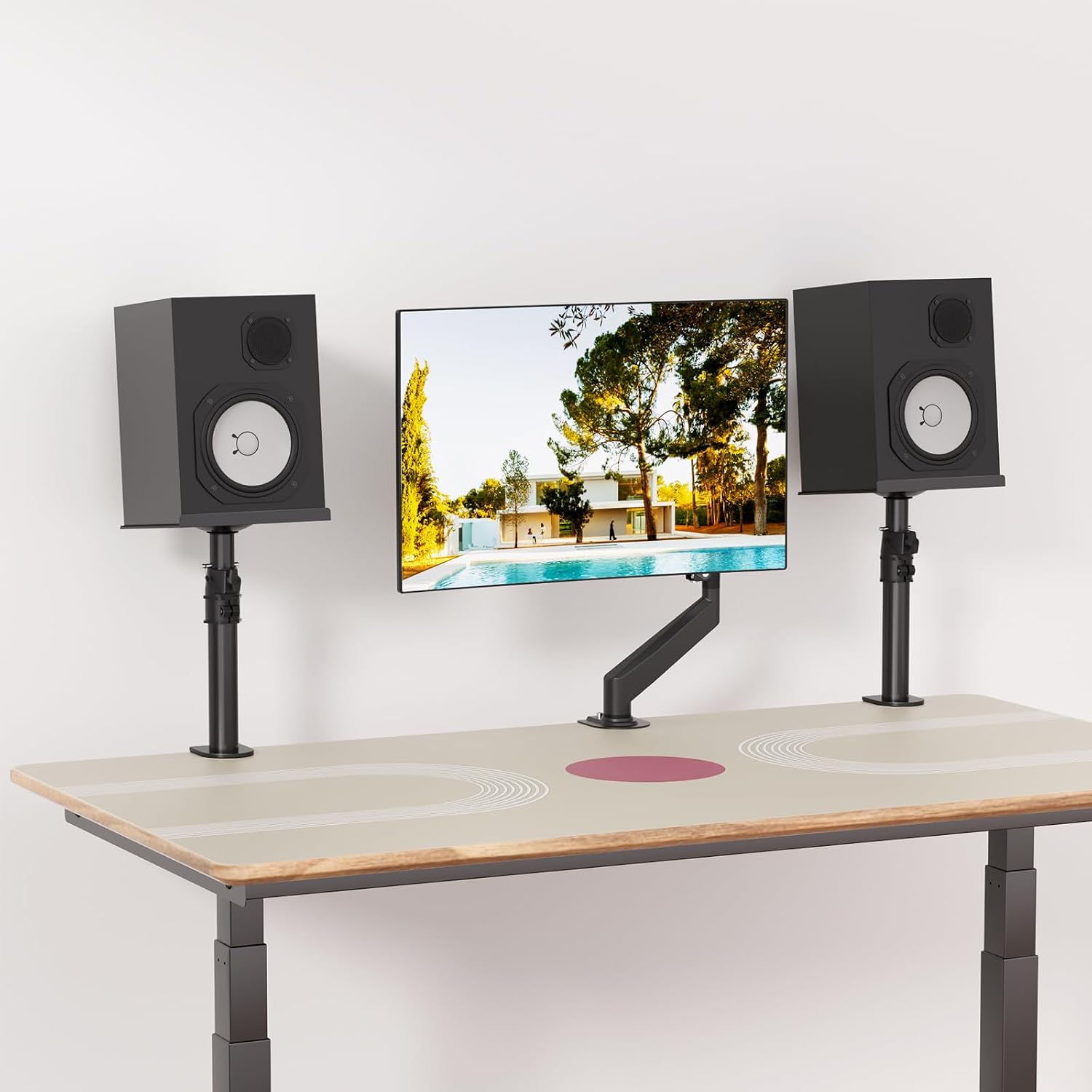 suptek Small Clamp-on Speaker Stand Desk Mount Set, Tilt, Swivel, 7.8 x 6.5 inch Trays, Universal Audio Holders for Computer and Bookshelf Speakers, Elevated Sound, 2 Pack, Black, SDM001SFX