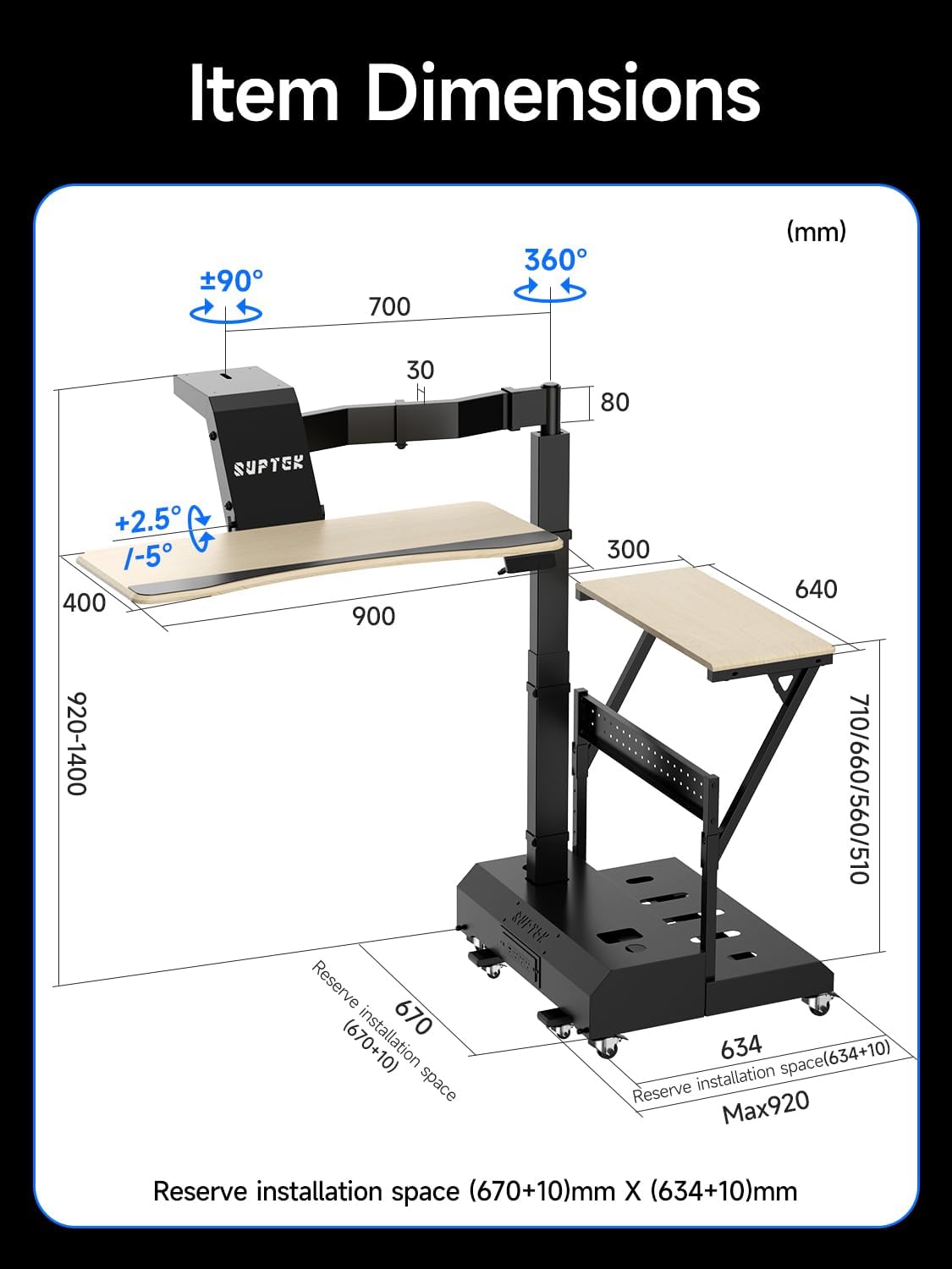 Electric Mobile Floating Gaming Standing Desk with CPU Stand & Power Strip | 920-1400mm Height Adjust, 360° Swivel Arm, Dual Layout, Fits Single/Dual Monitors, Sit-Stand-Lie Mobile Gaming Workstation