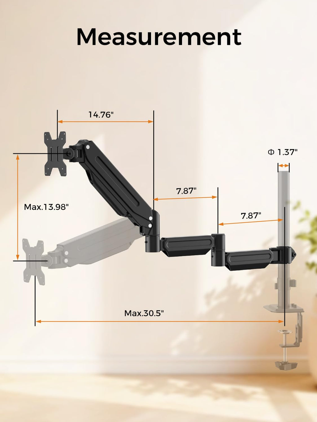 suptek Single Monitor Arm for Desk Mount Stand,Adjustable Monitor Arm for 17 to 32 inch Screen, Support Weight up to 22lbs, Mounting Holes 75x75mm to 100x100mm,Pneumatic Pole Mount Arm Black