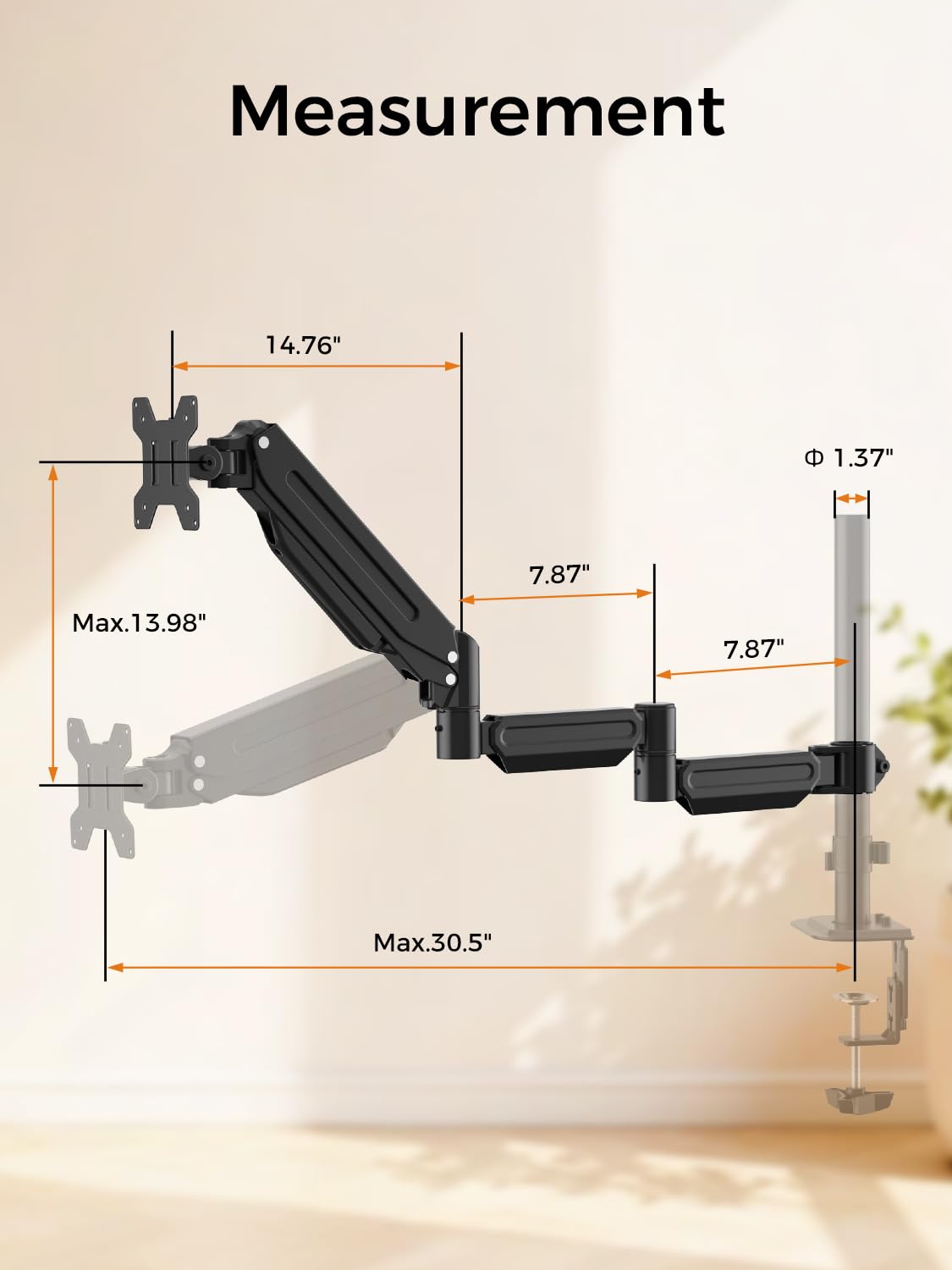 suptek Single Monitor Arm for Desk Mount Stand,Adjustable Monitor Arm for 17 to 32 inch Screen, Support Weight up to 22lbs, Mounting Holes 75x75mm to 100x100mm,Pneumatic Pole Mount Arm Black