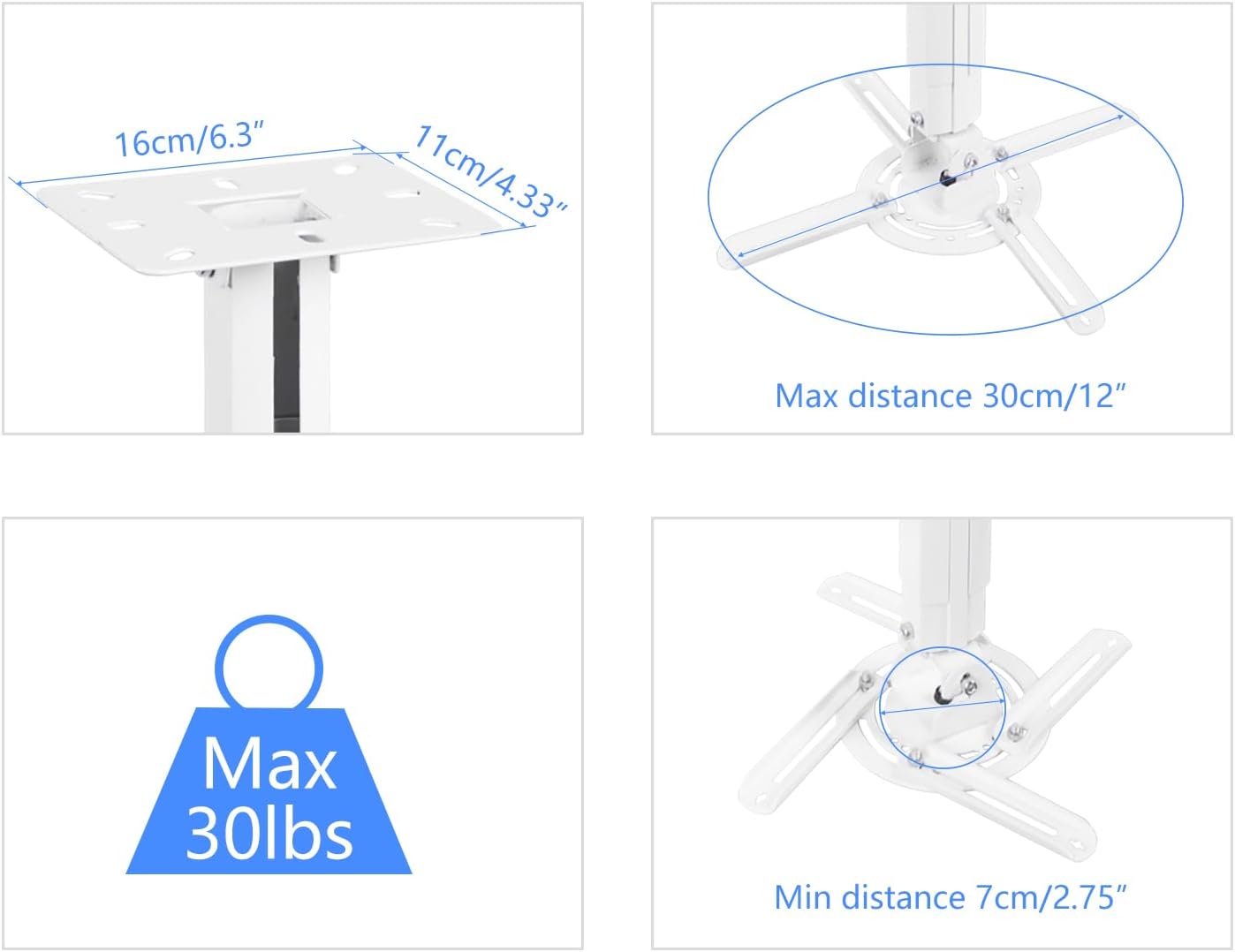 suptek Projector Ceiling Mount Bracket Fits Flat or Sloped Ceiling Height Adjustable with Extendable Length 30.7-49.21inch,for LCD/DLP Projectors,Black (PR05LB)