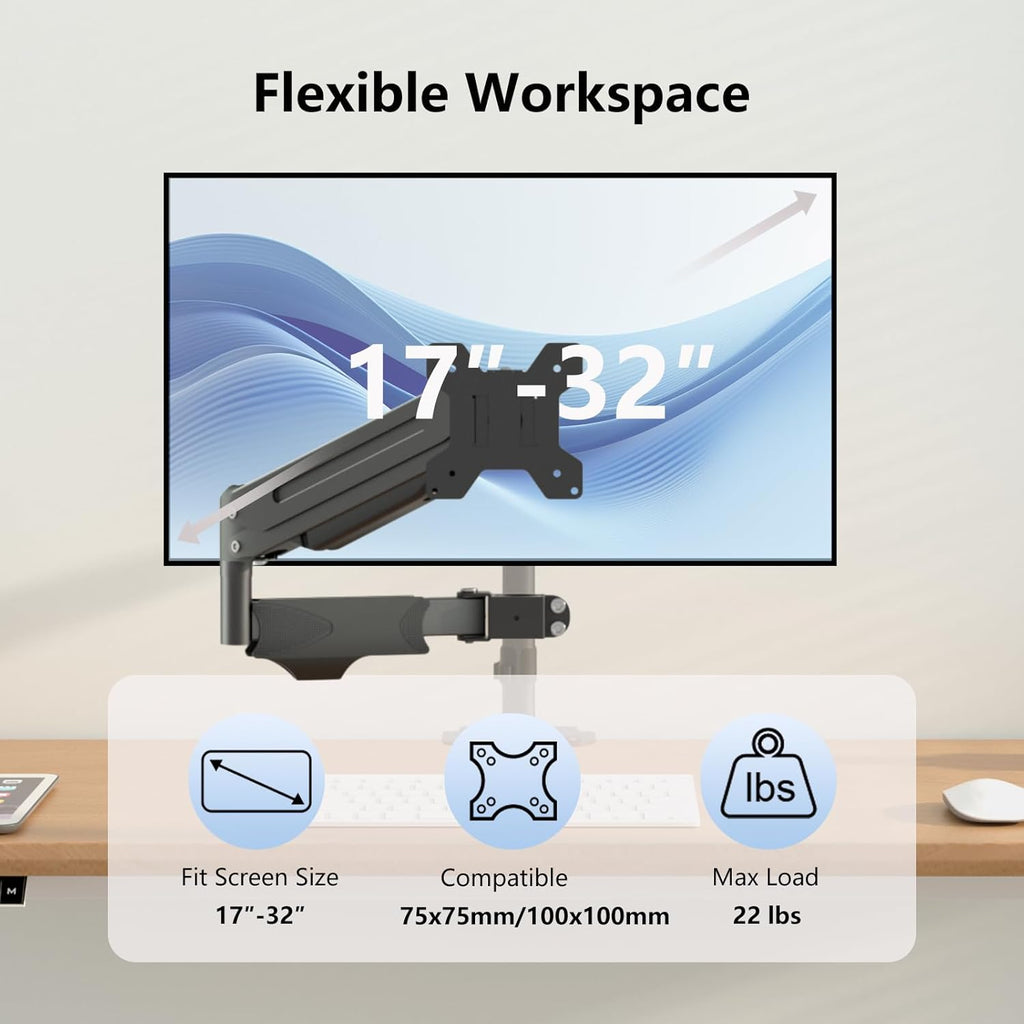 suptek Single Monitor Arm for Desk Mount Stand,Adjustable Monitor Arm for 17 to 32 inch Screen, Support Weight up to 22lbs, Mounting Holes 75x75mm to 100x100mm,Pneumatic Pole Mount Arm Black