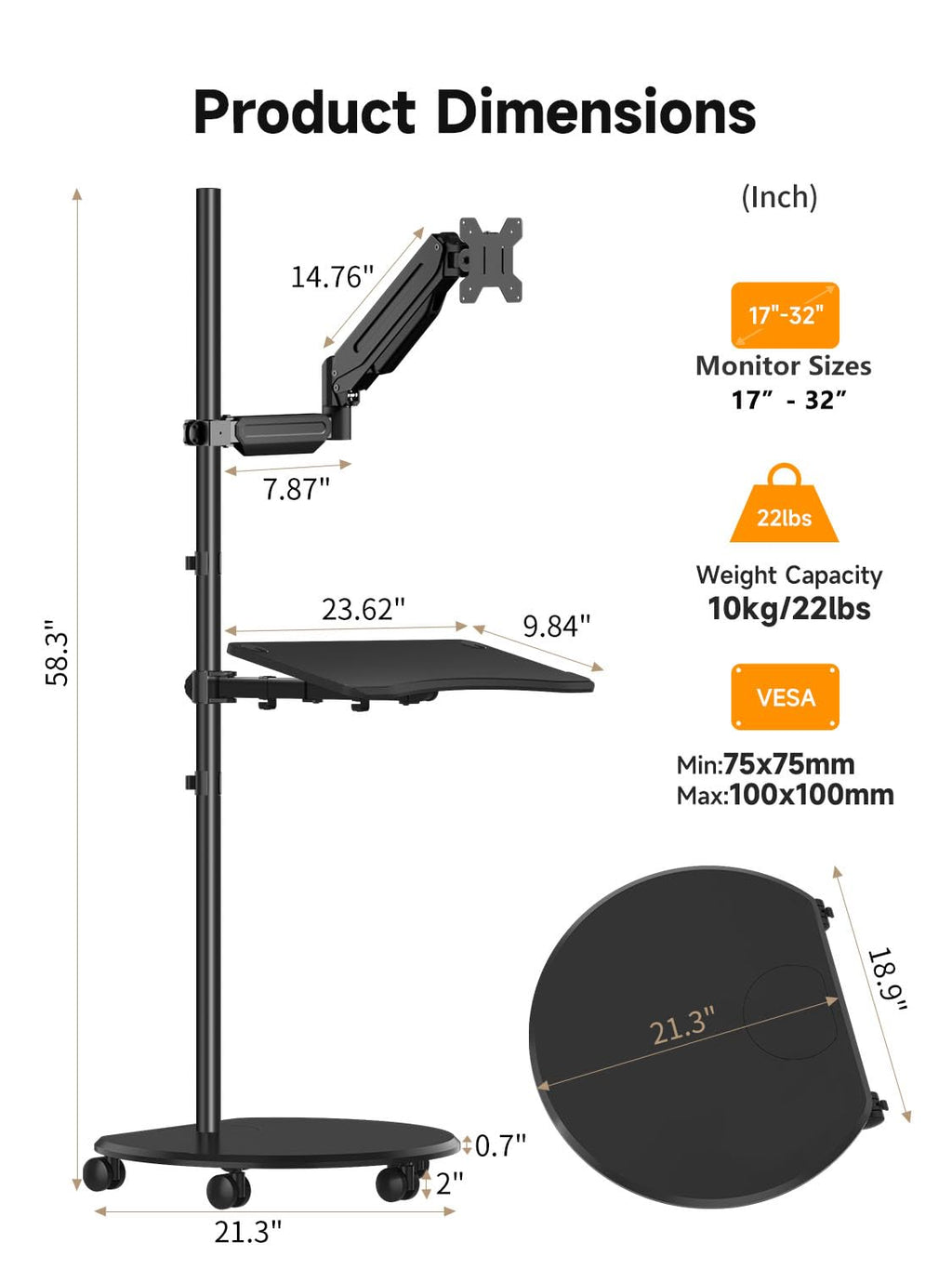 suptek Mobile Desk Workstation with Monitor Mount for up to 32" Screen, Rolling Computer Cart on Wheels,Full Keyboard Tray, CPU Holder