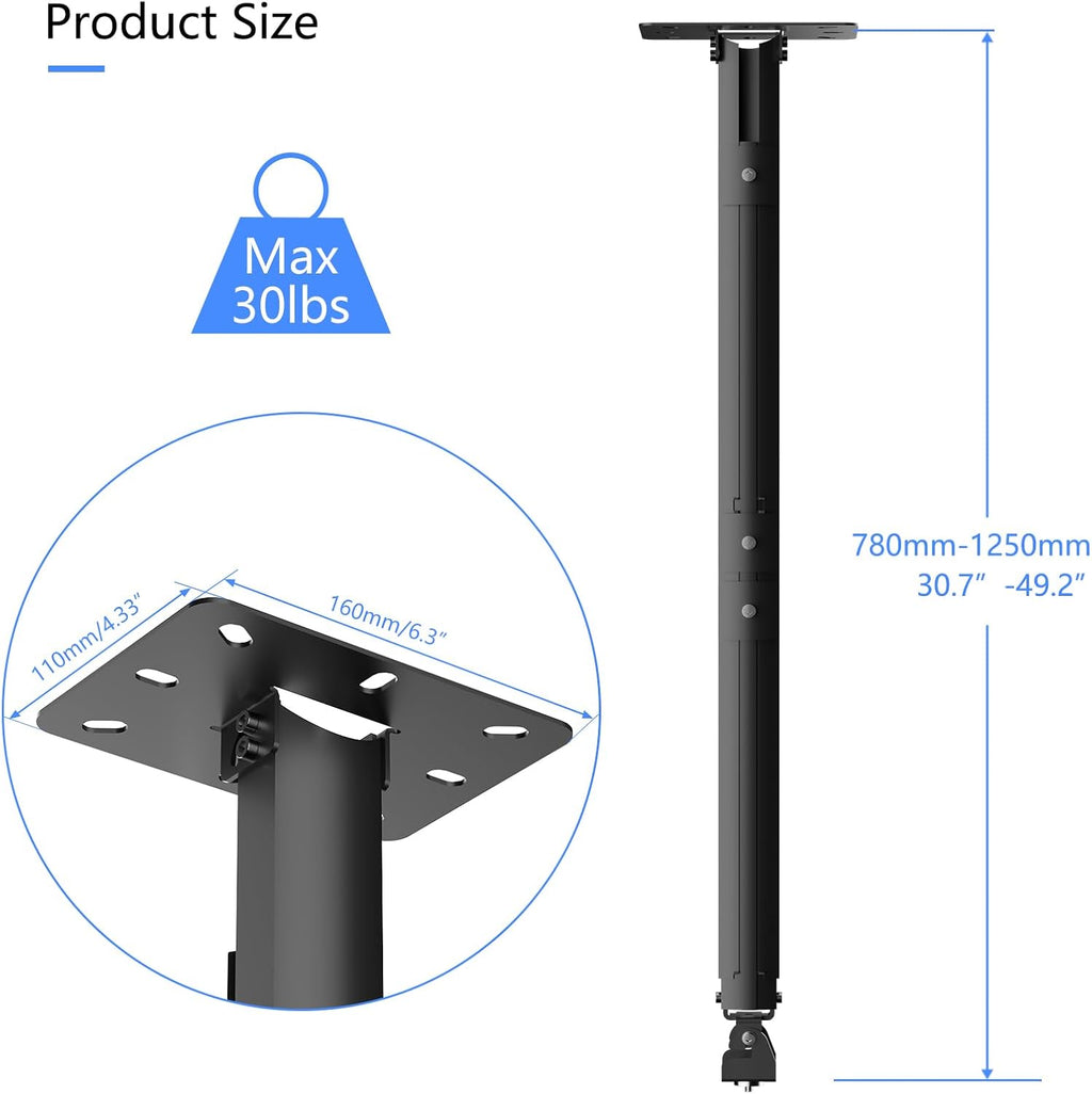 suptek Projector Ceiling Mount Bracket Fits Flat or Sloped Ceiling Height Adjustable with Extendable Length 30.7-49.21inch,for LCD/DLP Projectors,Black (PR05LB)