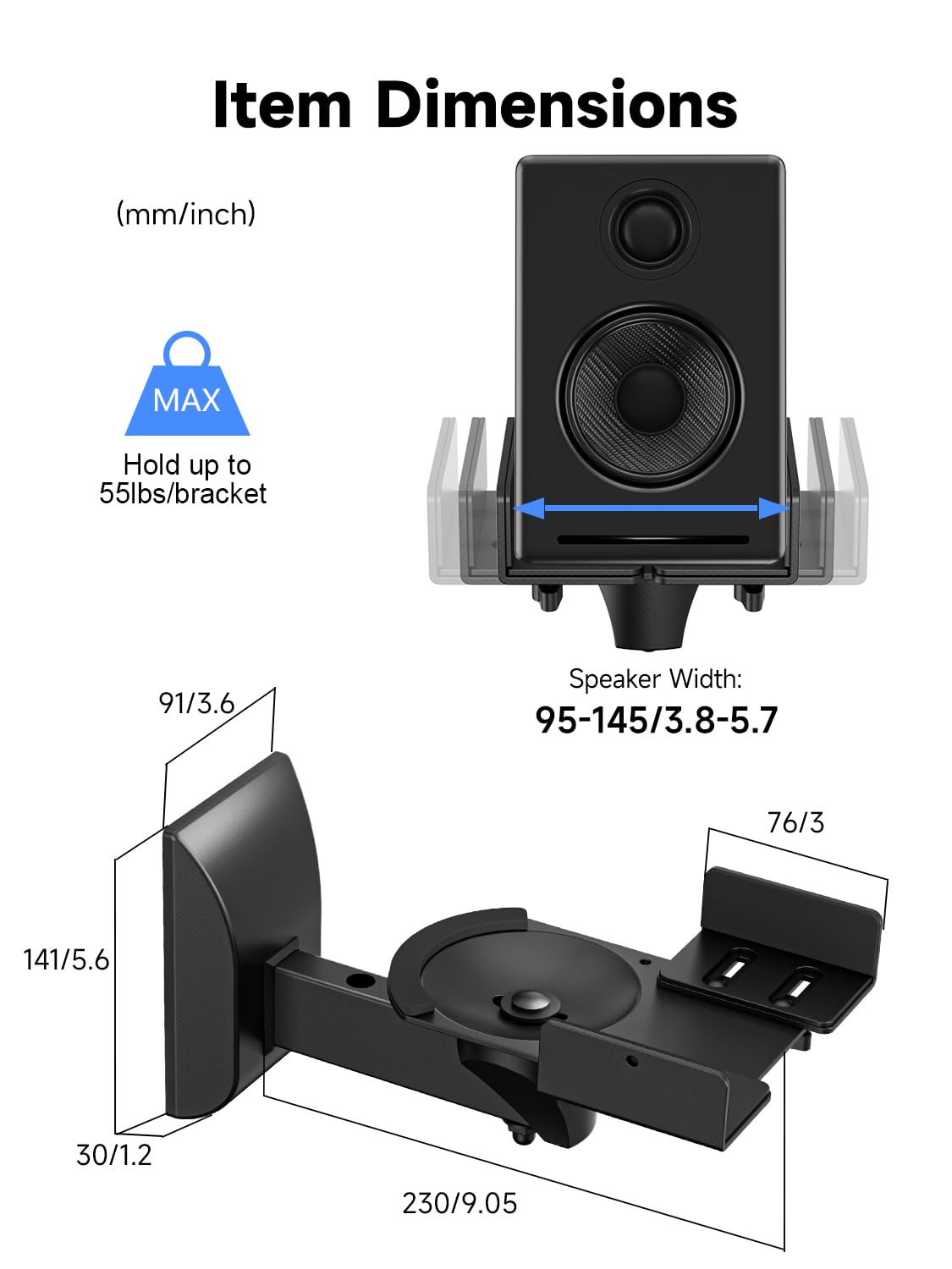 suptek Speaker Wall Mount Adjustable for Large Bookshelf Speaker Mounts | Swivel Speaker Wall Mounts with Surround Sound, Tilt Speaker Shelf For Living Room Up to 55lbs, 2 Packs, Black