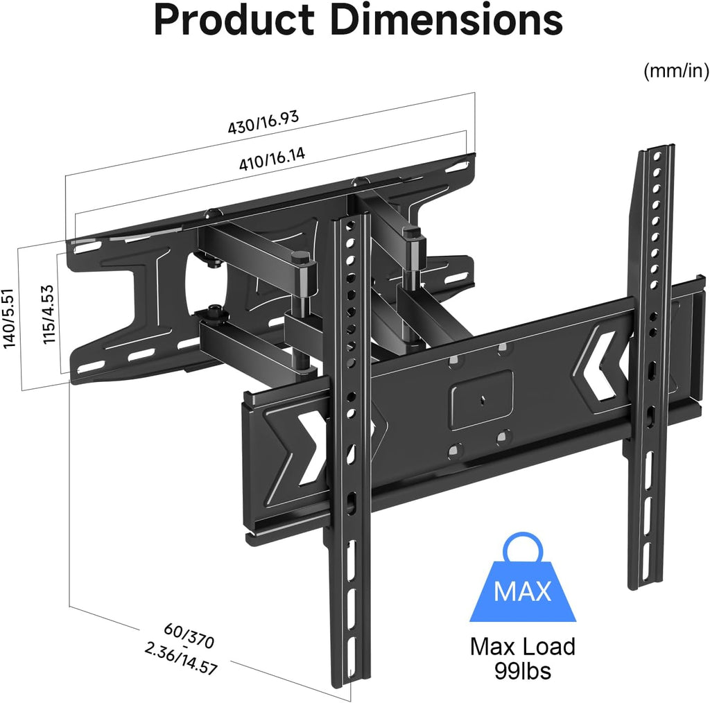 Suptek Full Motion TV Wall Mount for 32-60 Inch TVs, Swivel & Tilt Adjustable Bracket, Dual Articulating Arms, Fits 16" Studs, Max VESA 400x400mm, Supports Up to 99lbs, MA001