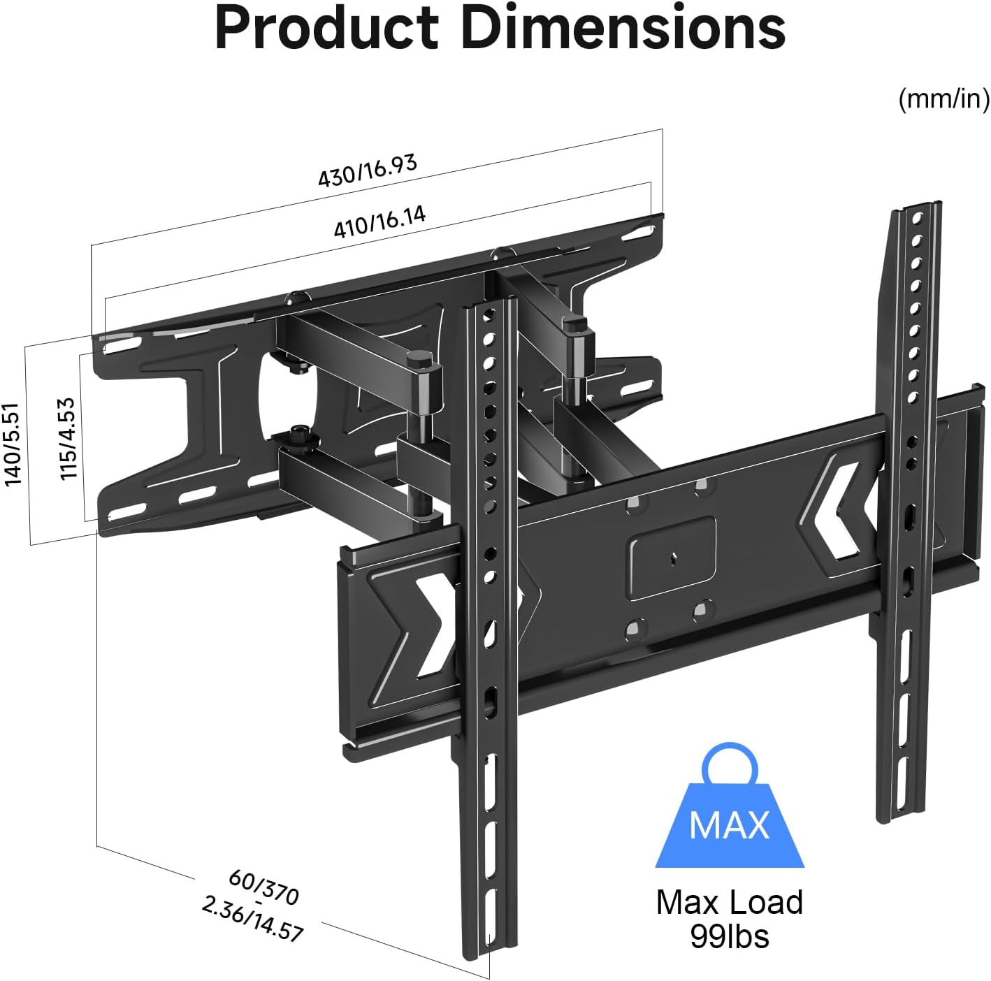 Suptek Full Motion TV Wall Mount for 32-60 Inch TVs, Swivel & Tilt Adjustable Bracket, Dual Articulating Arms, Fits 16" Studs, Max VESA 400x400mm, Supports Up to 99lbs, MA001