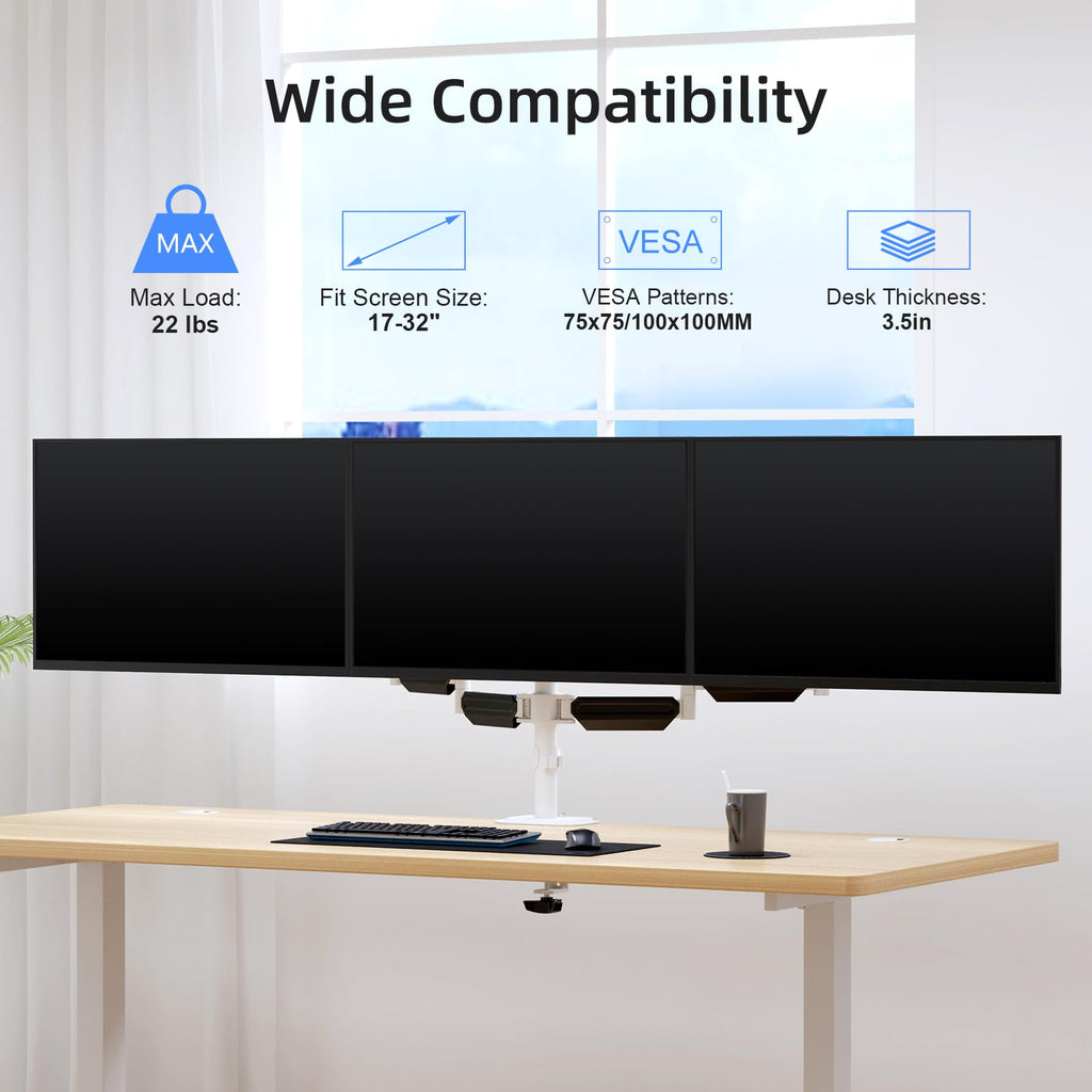 suptek Triple Monitor Mount for Most 17 to 32 inch Screens,Gas Springs Adjustment Triple Monitor Desk Mount Stand with Clamp & Grommet Kit,Black(MD8003)