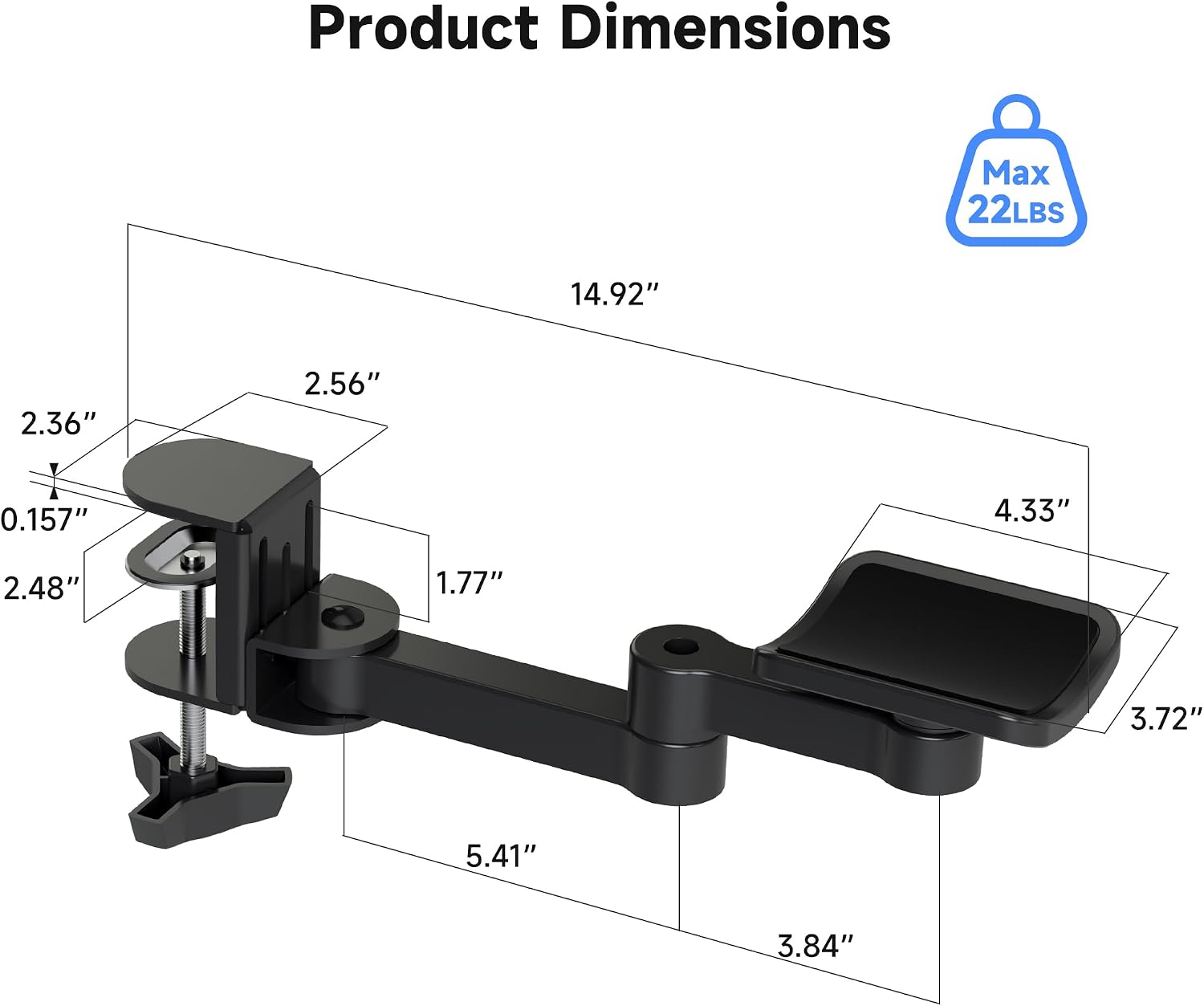 Pholiten Adjustable Arm Rest for Desk，Universal Clamp-on Adjustable Armrest, Above Table Extension Platform Arm Support,Black