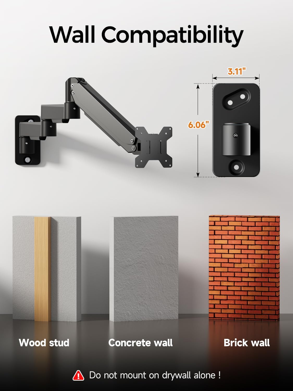 suptek Single Long Arm Monitor Wall Mount for 17 to 32 Inch Screens, Gas Spring Monitor Arm Wall Mount Holds Up to 11KG/24lbs, Full Motion Adjustable,VESA Mount 75x75/100x100mm(WMX3)