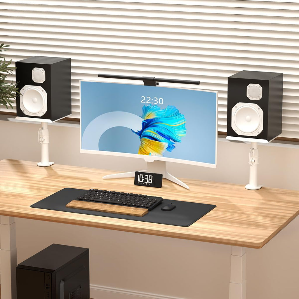suptek Small Clamp-on Speaker Stand Desk Mount Set, Tilt, Swivel, 7.8 x 6.5 inch Trays, Universal Audio Holders for Computer and Bookshelf Speakers, Elevated Sound, 2 Pack, Black, SDM001SFX