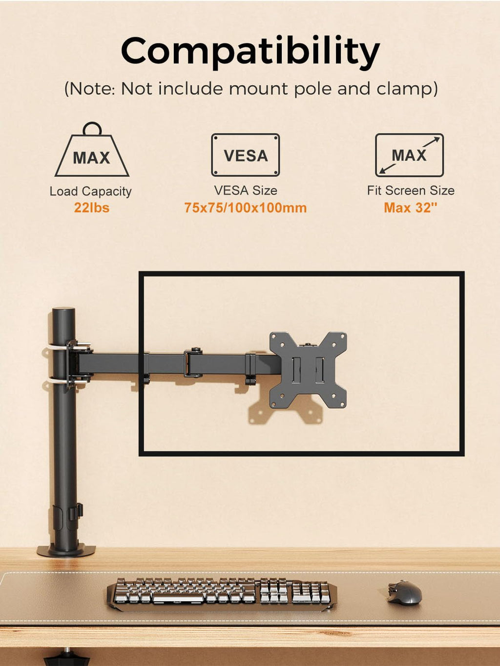 suptek Single Monitor Arm for Desk Mount Stand,Adjustable Monitor Arm for 17 to 32 inch Screen, Support Weight up to 22lbs, Mounting Holes 75x75mm to 100x100mm,Pneumatic Pole Mount Arm Black