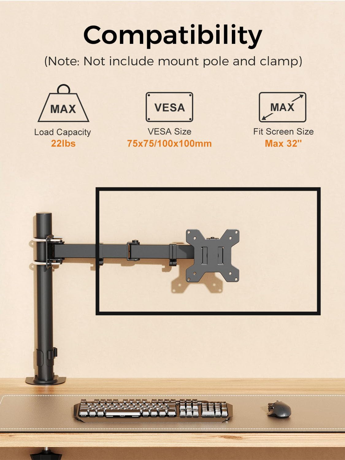 suptek Single Monitor Arm for Desk Mount Stand,Adjustable Monitor Arm for 17 to 32 inch Screen, Support Weight up to 22lbs, Mounting Holes 75x75mm to 100x100mm,Pneumatic Pole Mount Arm Black