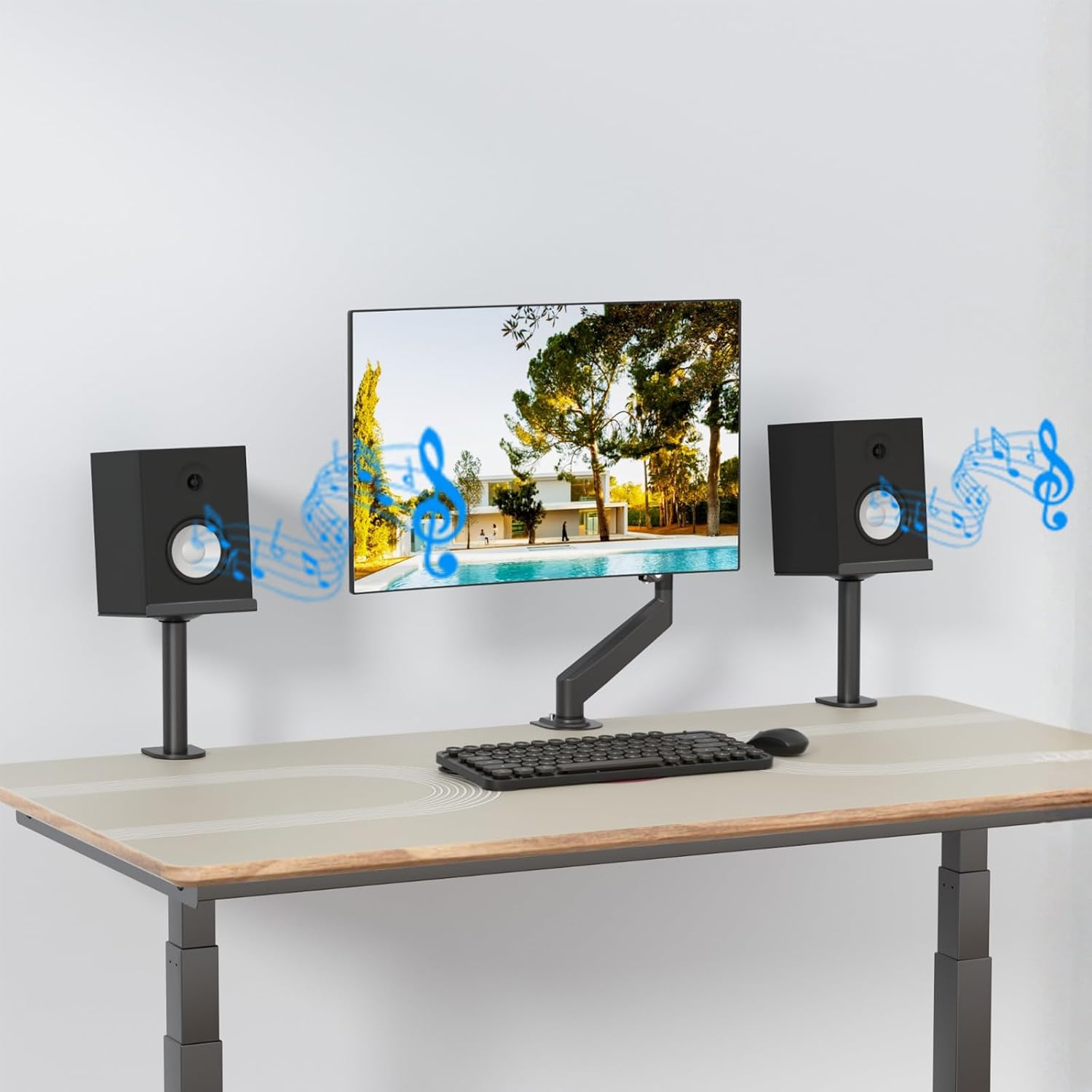 suptek Small Clamp-on Speaker Stand Desk Mount Set, Tilt, Swivel, 7.8 x 6.5 inch Trays, Universal Audio Holders for Computer and Bookshelf Speakers, Elevated Sound, 2 Pack, Black, SDM001SFX