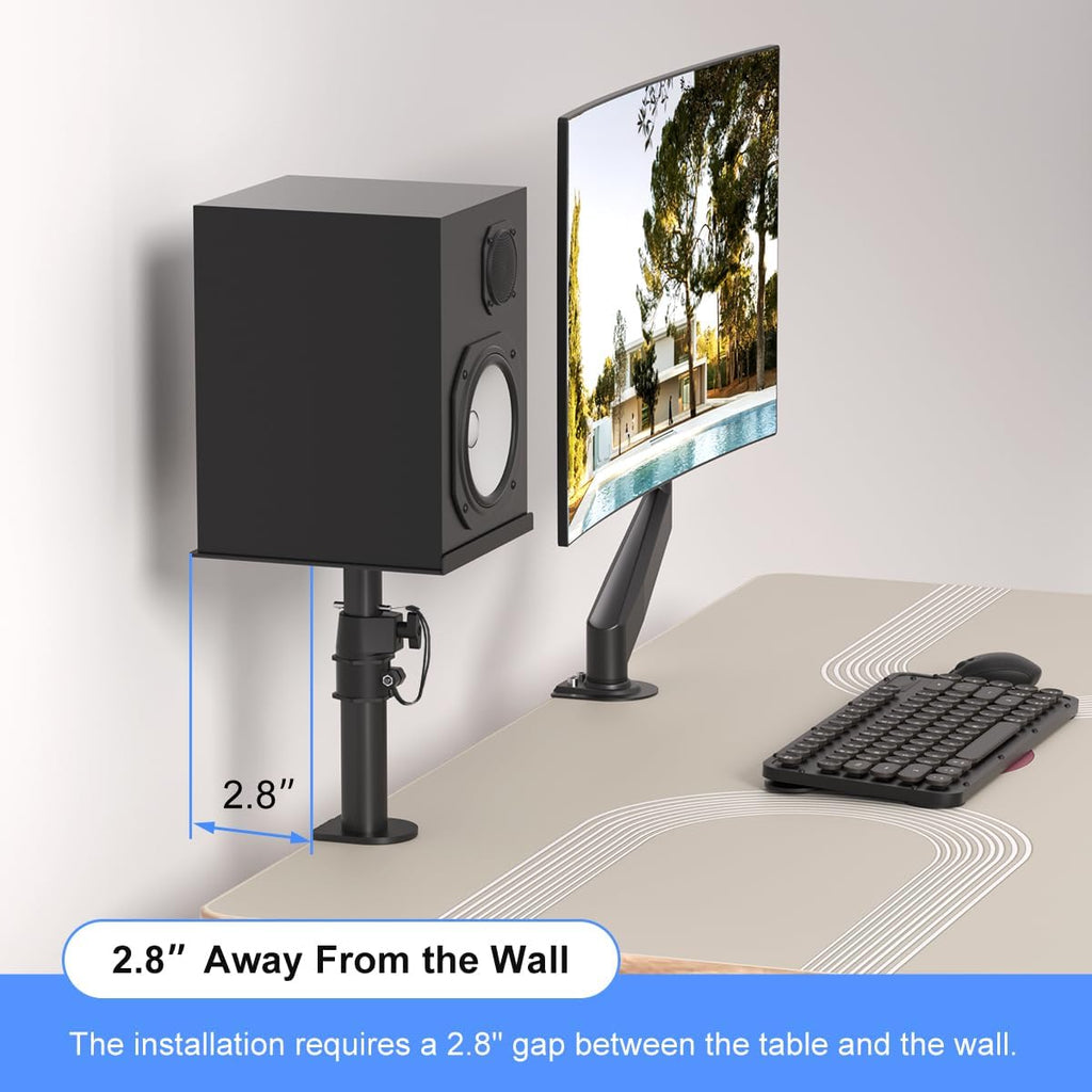 suptek Small Clamp-on Speaker Stand Desk Mount Set, Tilt, Swivel, 7.8 x 6.5 inch Trays, Universal Audio Holders for Computer and Bookshelf Speakers, Elevated Sound, 2 Pack, Black, SDM001SFX