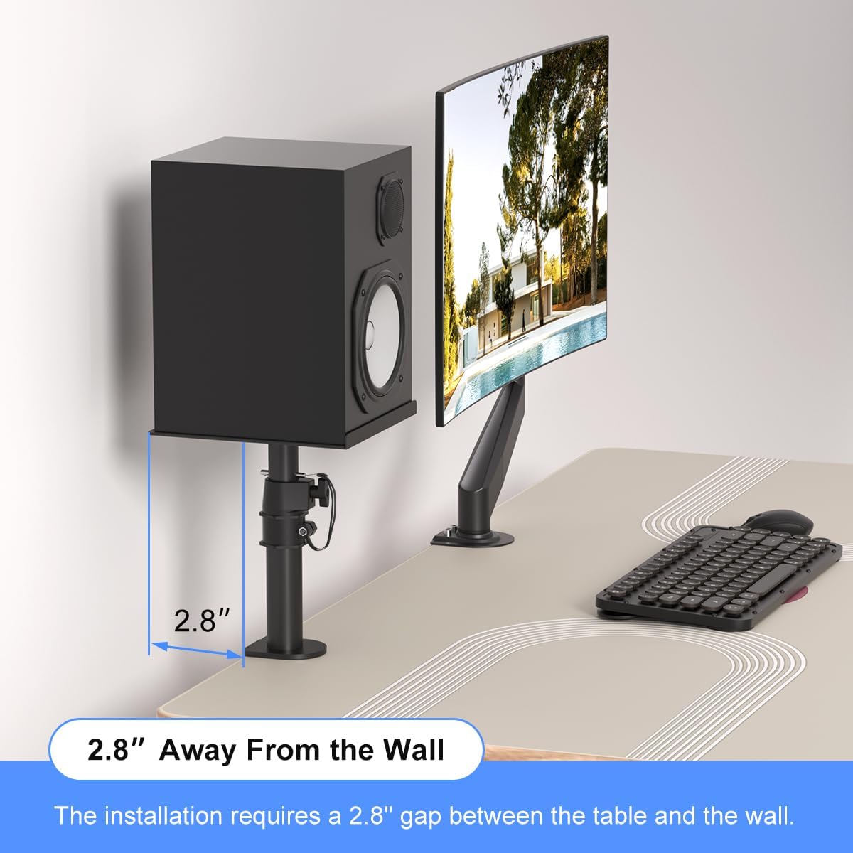 suptek Small Clamp-on Speaker Stand Desk Mount Set, Tilt, Swivel, 7.8 x 6.5 inch Trays, Universal Audio Holders for Computer and Bookshelf Speakers, Elevated Sound, 2 Pack, Black, SDM001SFX