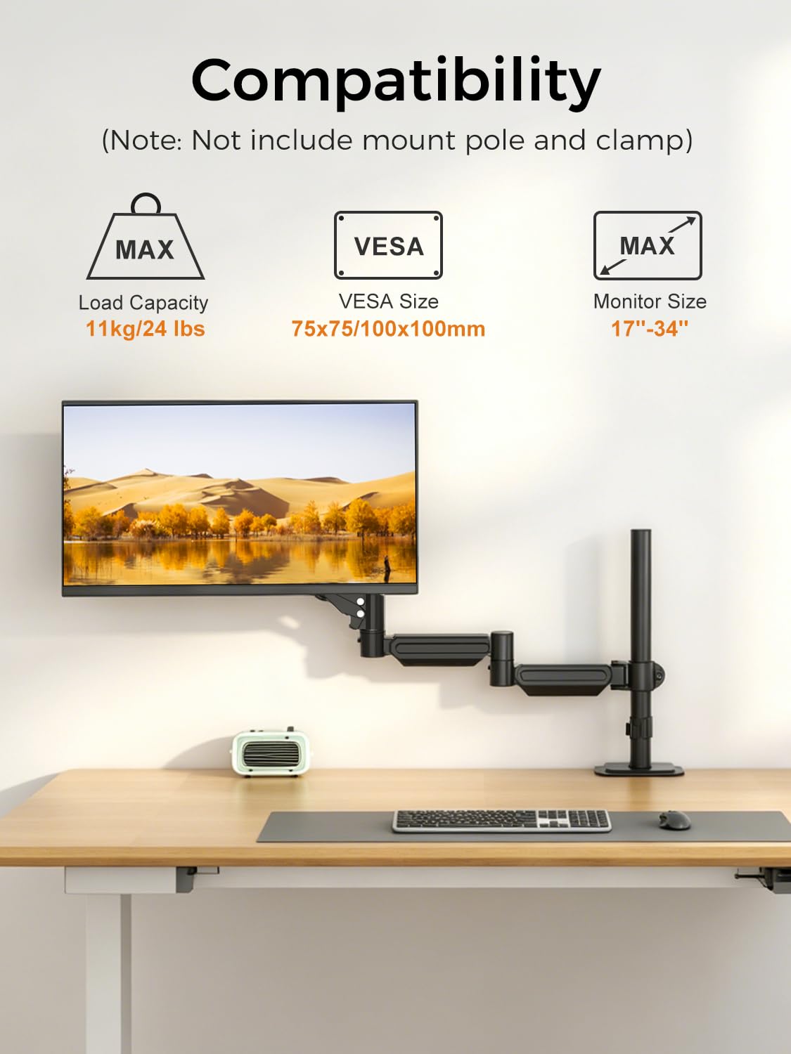 suptek Single Monitor Arm for Desk Mount Stand,Adjustable Monitor Arm for 17 to 32 inch Screen, Support Weight up to 22lbs, Mounting Holes 75x75mm to 100x100mm,Pneumatic Pole Mount Arm Black