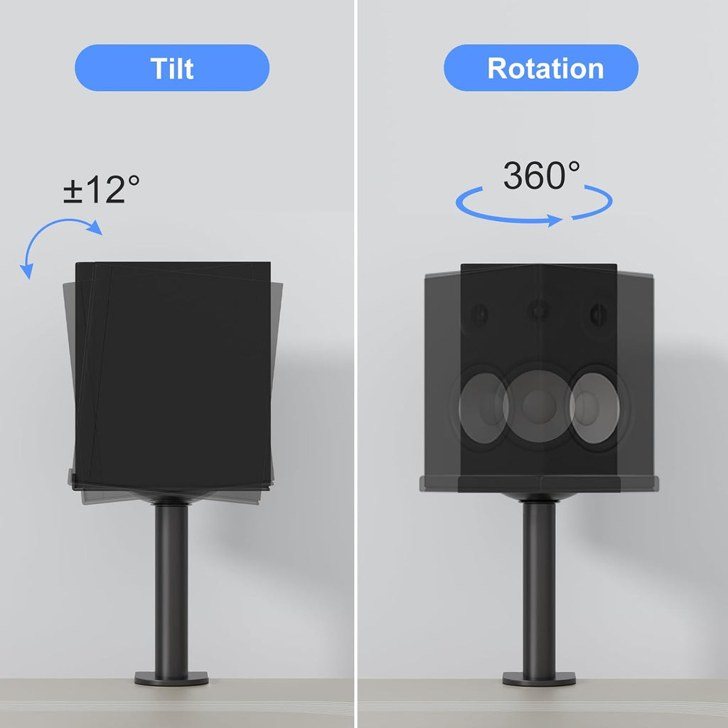 suptek Small Clamp-on Speaker Stand Desk Mount Set, Tilt, Swivel, 7.8 x 6.5 inch Trays, Universal Audio Holders for Computer and Bookshelf Speakers, Elevated Sound, 2 Pack, Black, SDM001SFX