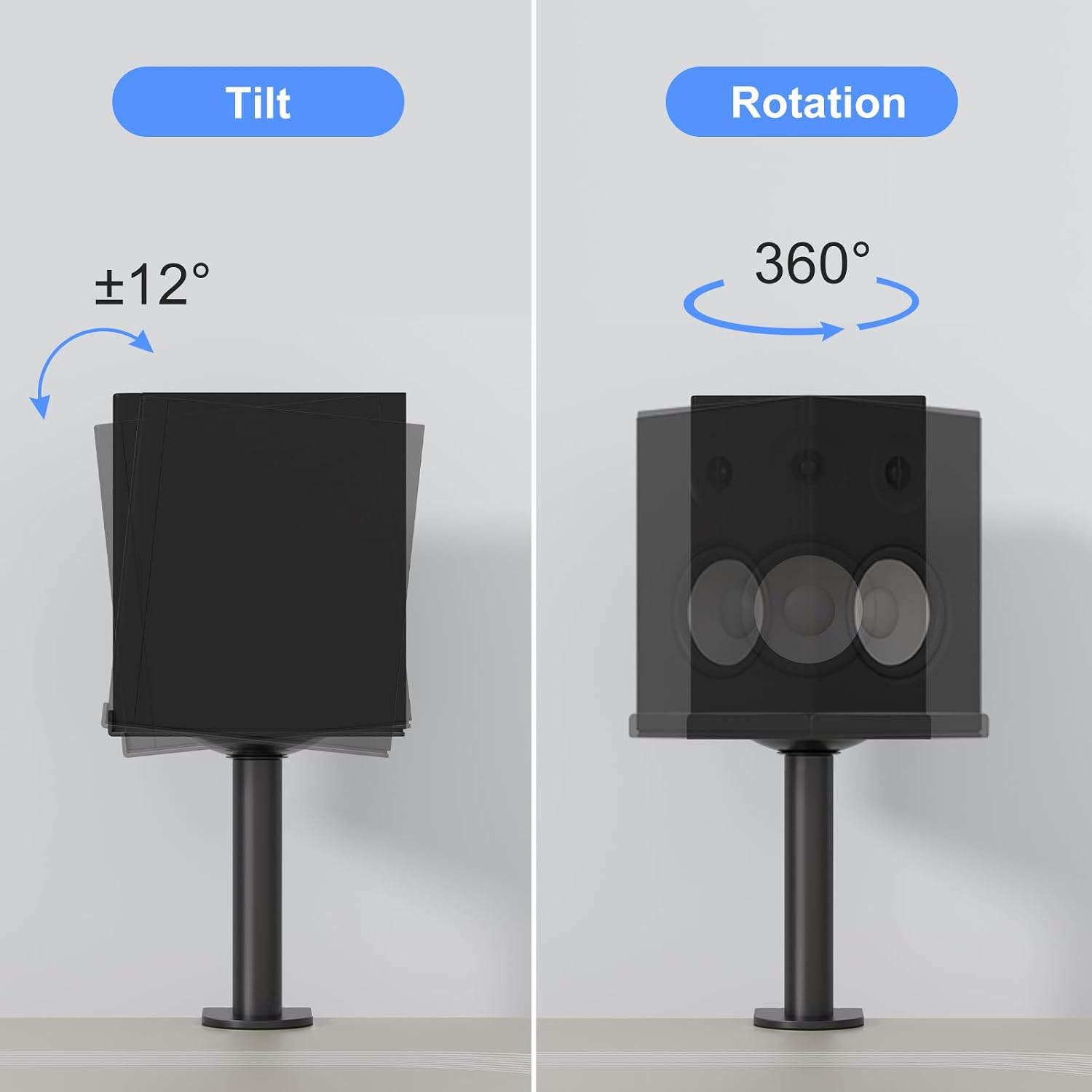 suptek Small Clamp-on Speaker Stand Desk Mount Set, Tilt, Swivel, 7.8 x 6.5 inch Trays, Universal Audio Holders for Computer and Bookshelf Speakers, Elevated Sound, 2 Pack, Black, SDM001SFX