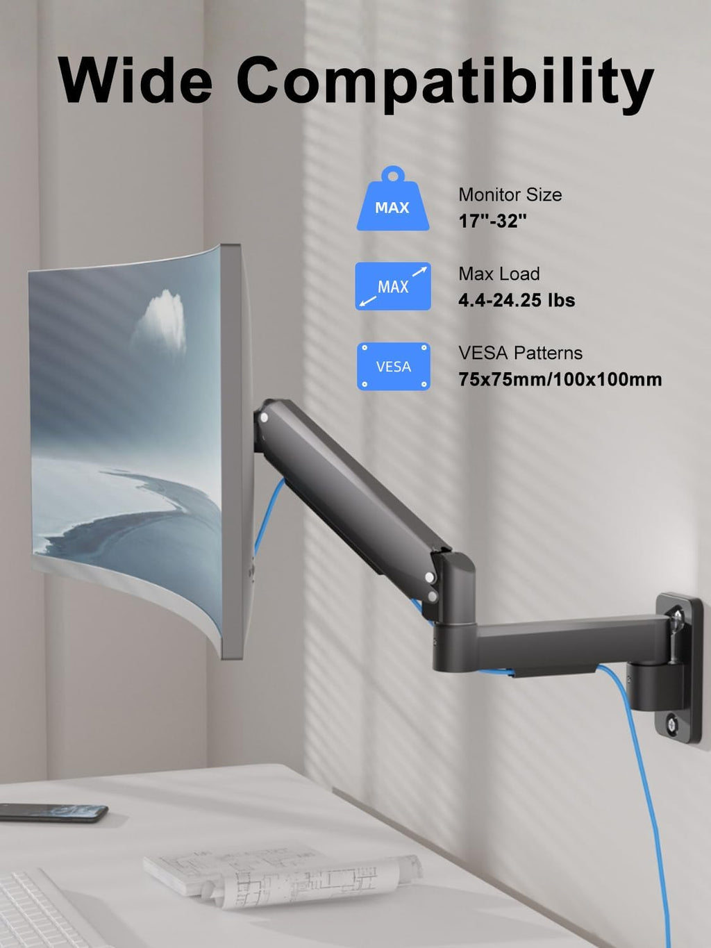 suptek Single Monitor Wall Mount for 17 to 32 Inch Screens, Gas Spring Monitor Arm Wall Mount Holds Up to 11KG/24lbs, Full Motion Adjustable,VESA Mount 75x75/100x100mm(WMX2)
